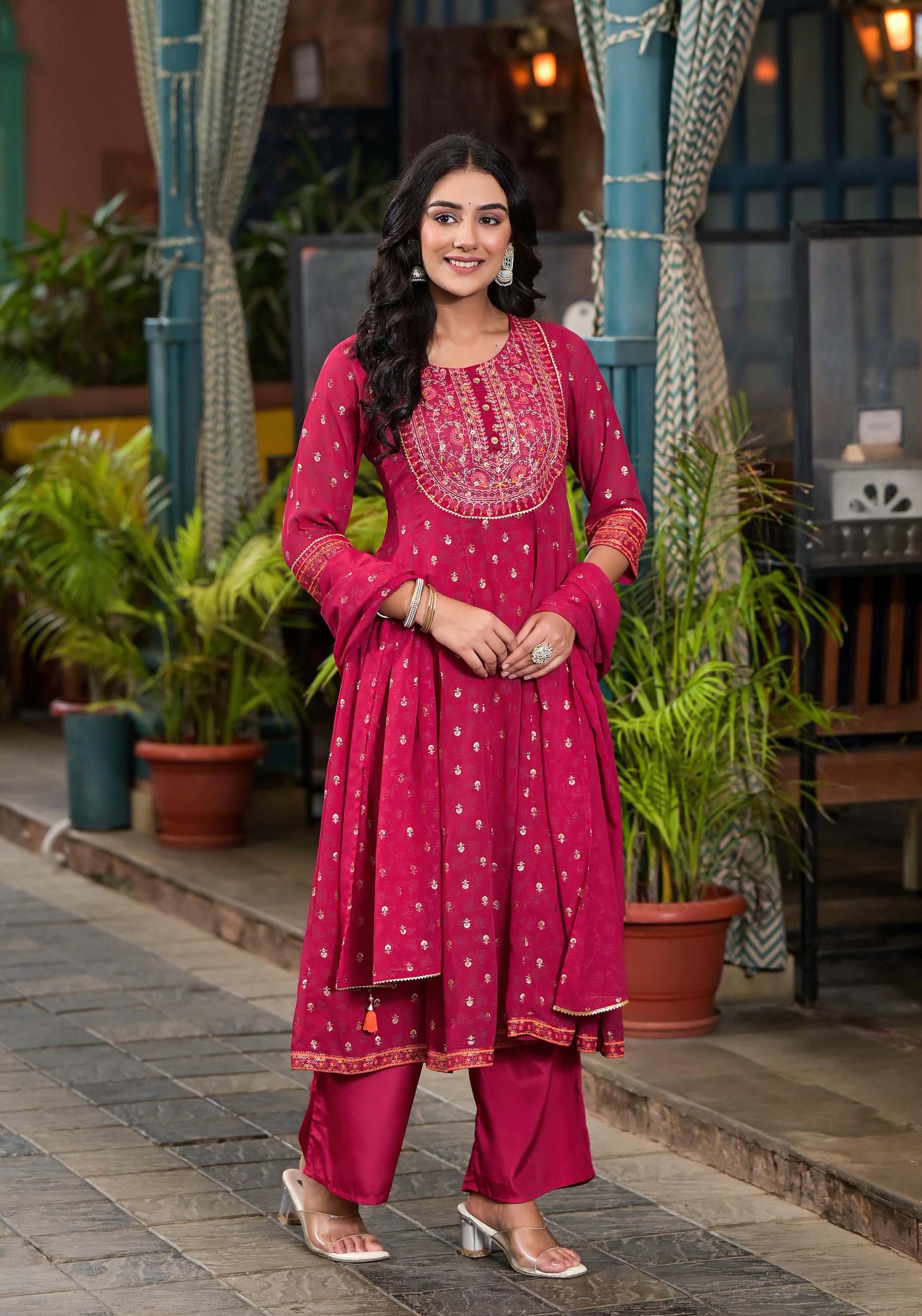 Fuchsia Floral Printed Georgette Kurta Pant And Dupatta Set With Zari Work & Sequins