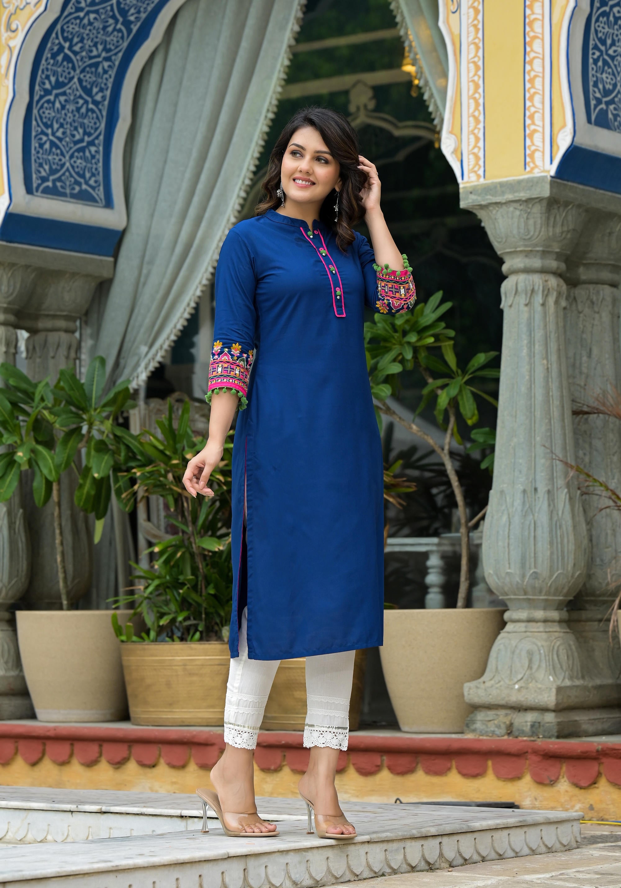 Blue Thread Embroidered A-lined Liva Rayon Kurta With Beads & Sequins