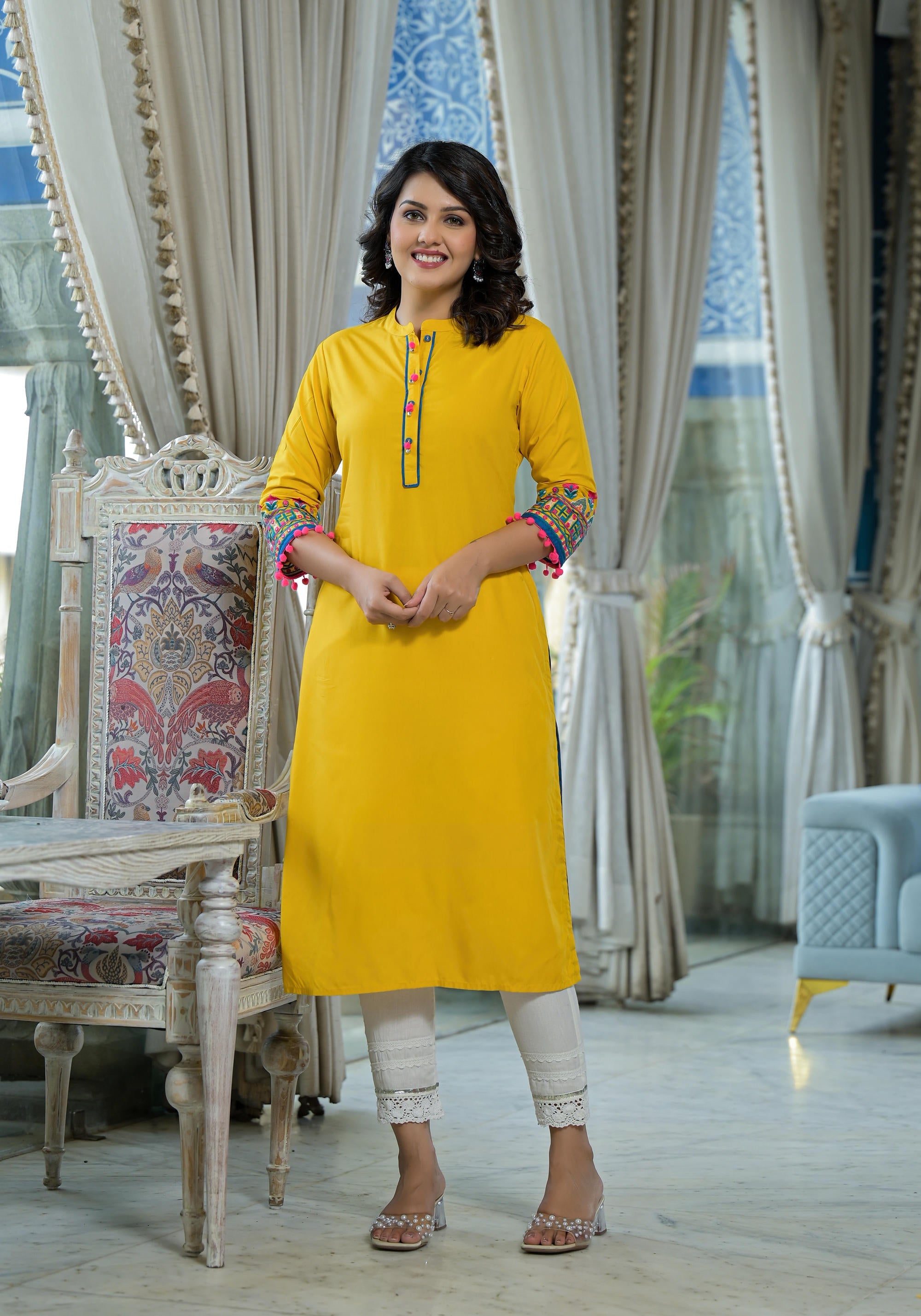 Mustard Thread Embroidered Liva Rayon Kurta with sequins Beads & Mirror Work