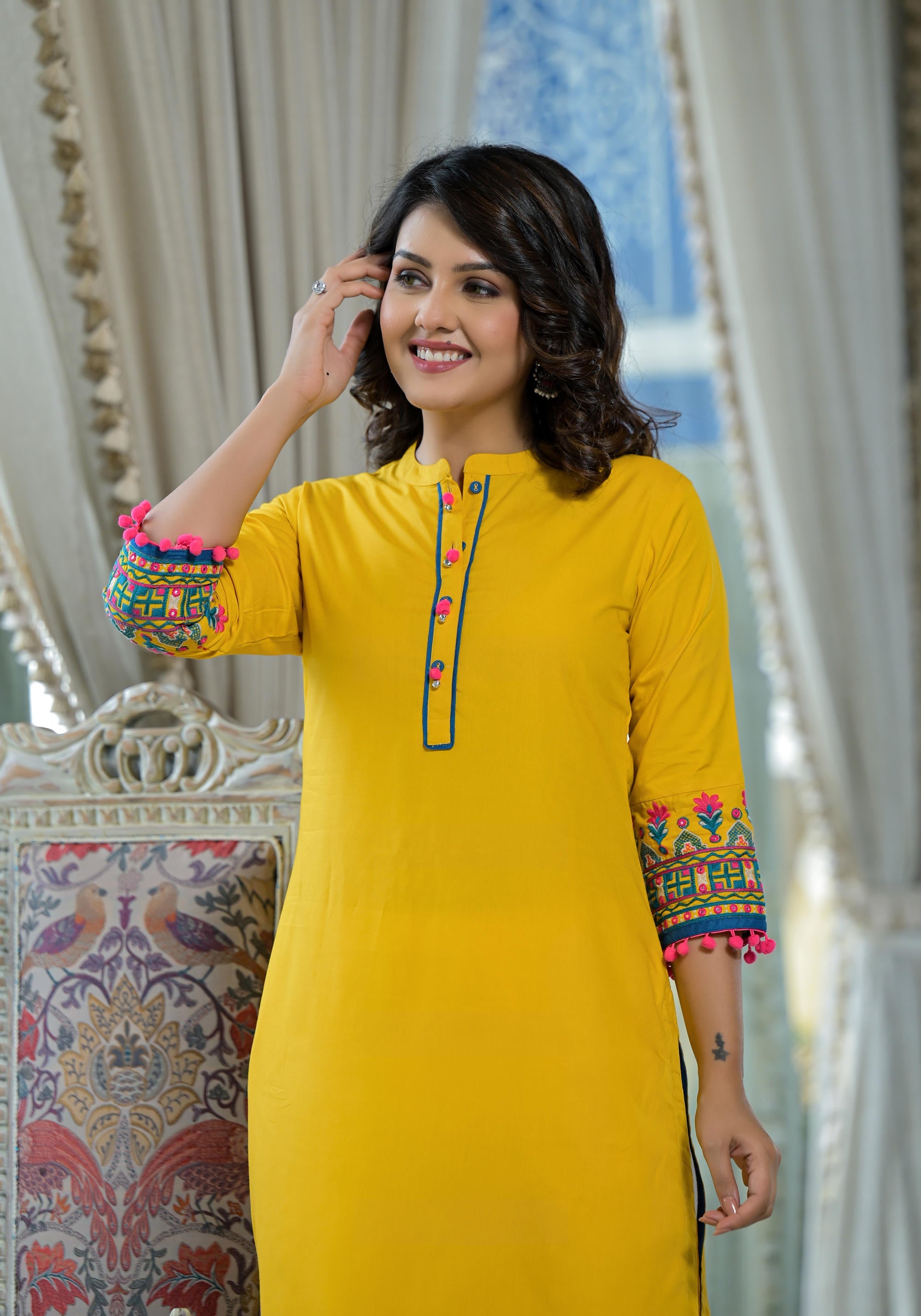 Mustard Thread Embroidered Liva Rayon Kurta with sequins Beads & Mirror Work