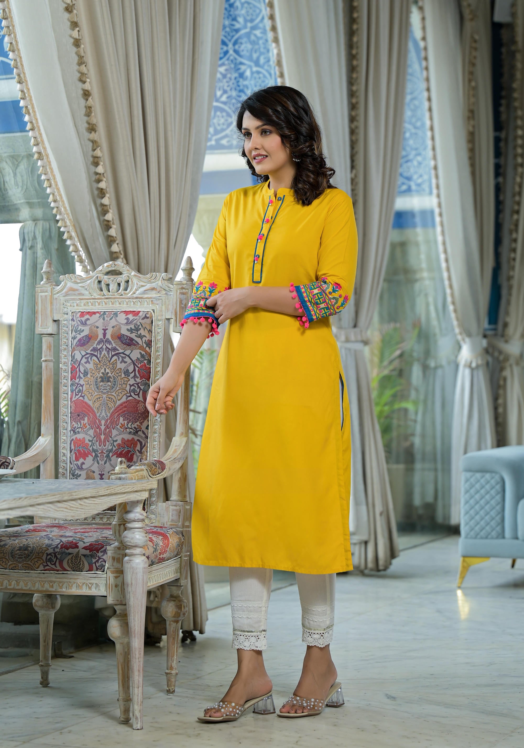 Mustard Thread Embroidered Liva Rayon Kurta with sequins Beads & Mirror Work