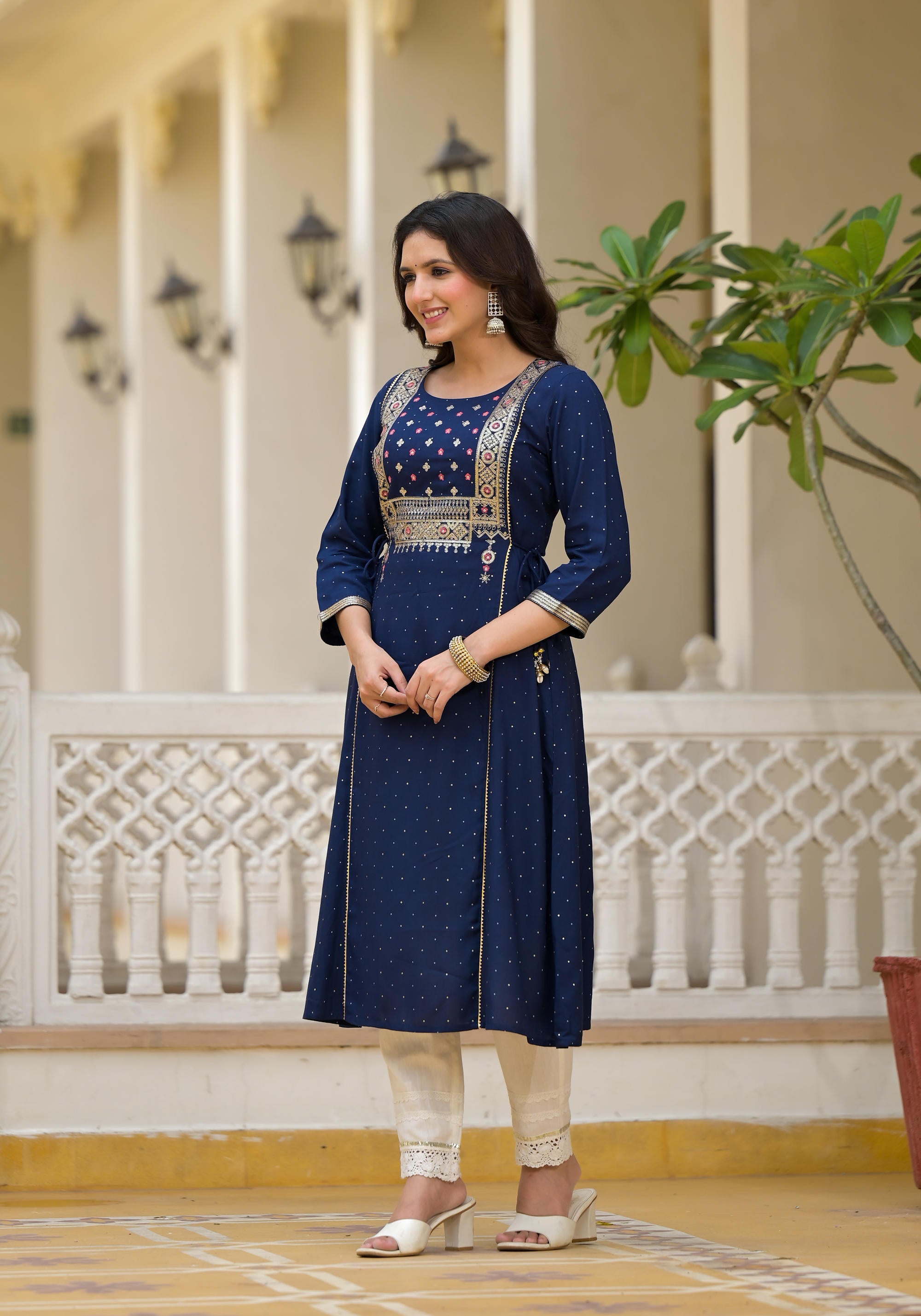 Blue Solid Rayon Kurta With Sequins & Doris