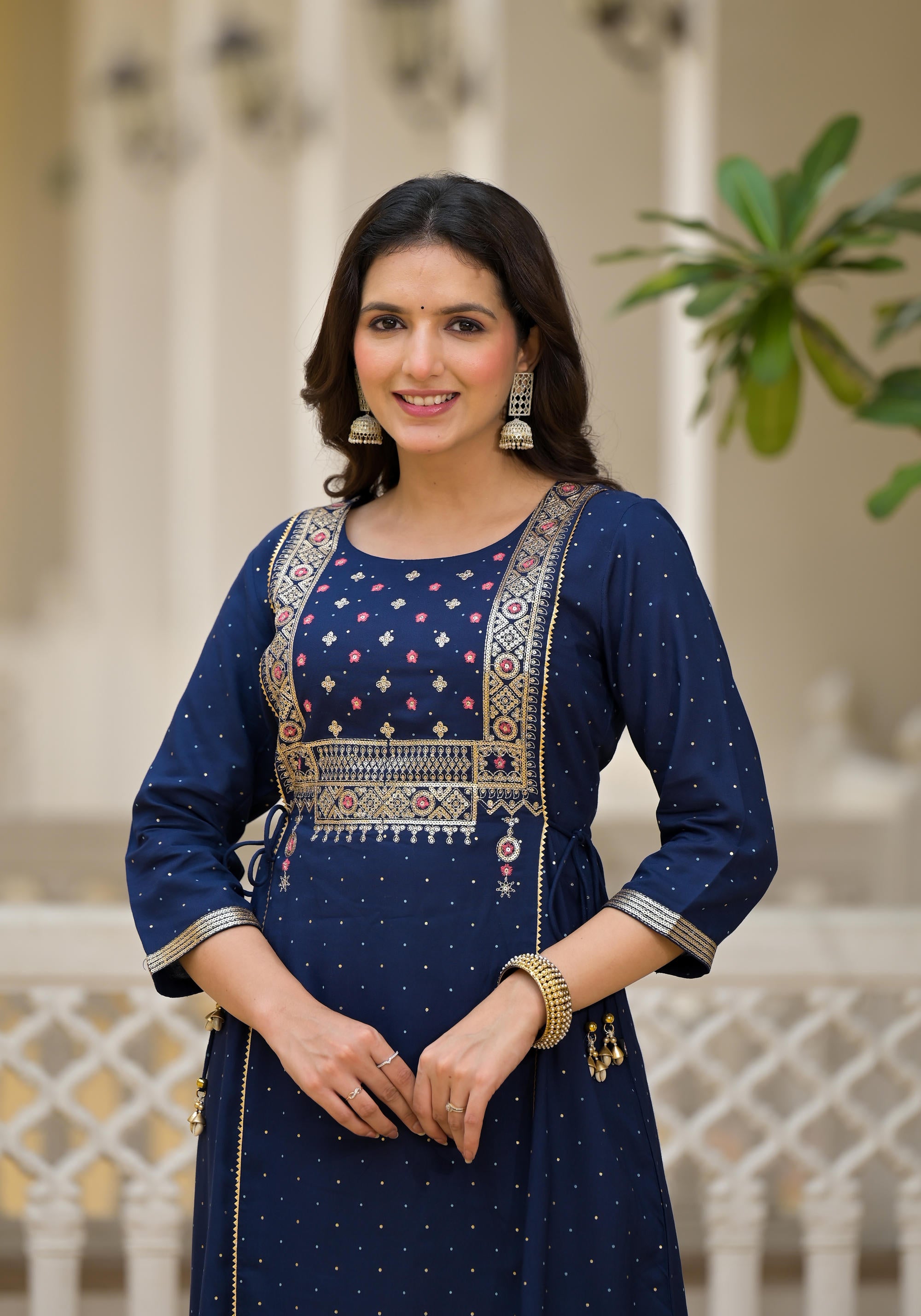 Blue Solid Rayon Kurta With Sequins & Doris