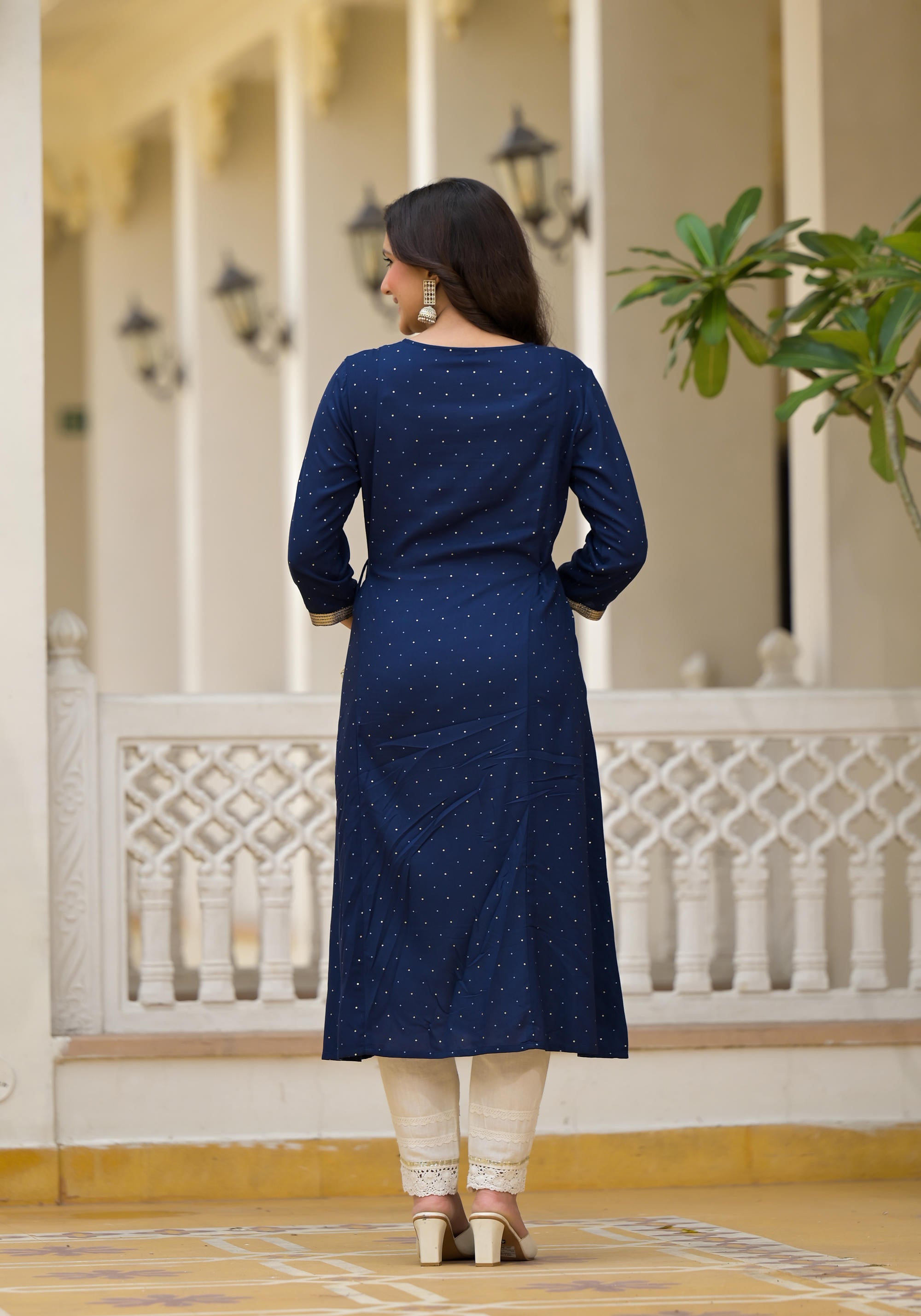 Blue Solid Rayon Kurta With Sequins & Doris