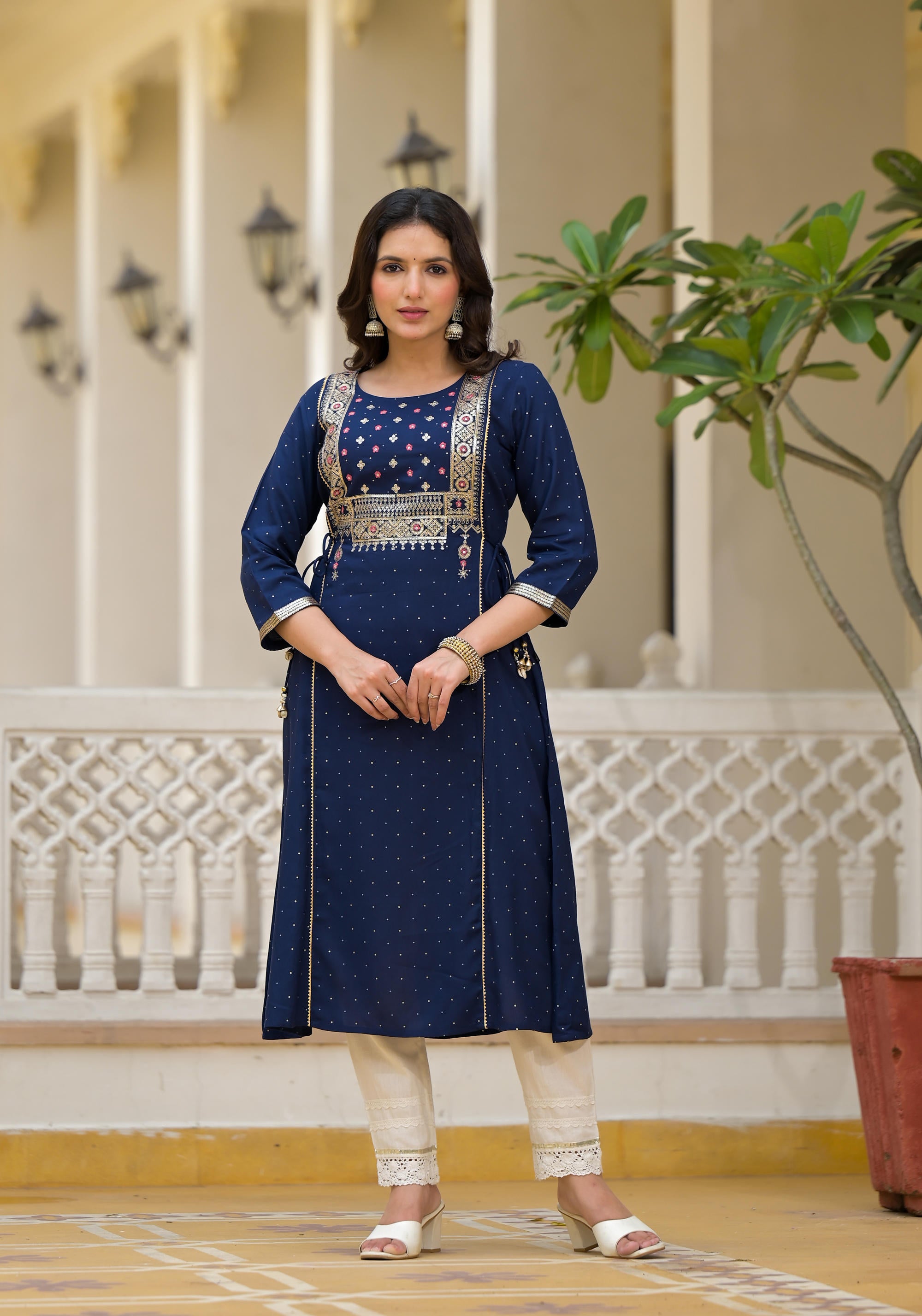 Blue Solid Rayon Kurta With Sequins & Doris