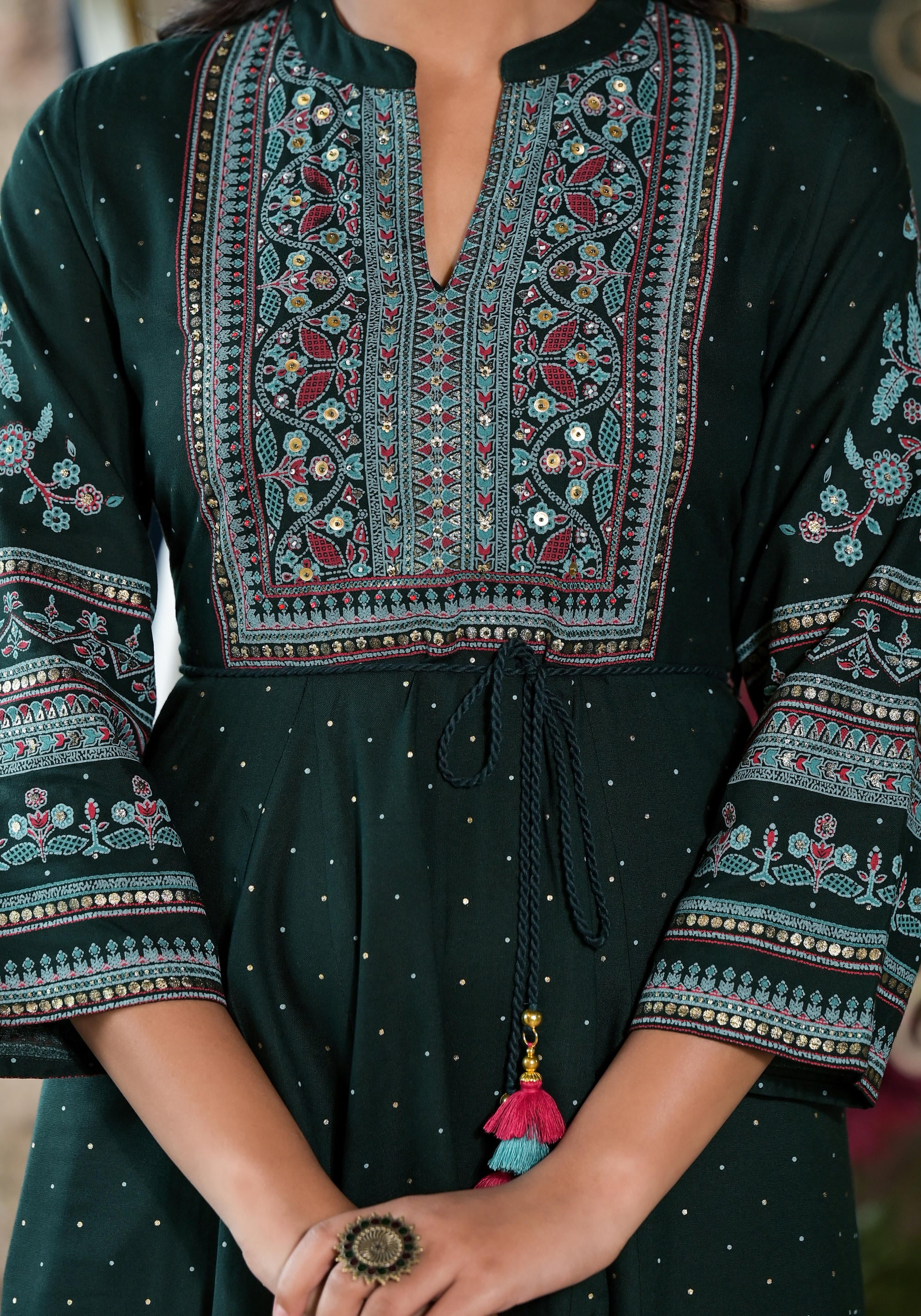 Green Ethnic Motif Printed Liva Rayon Dress With Dori & Sequin