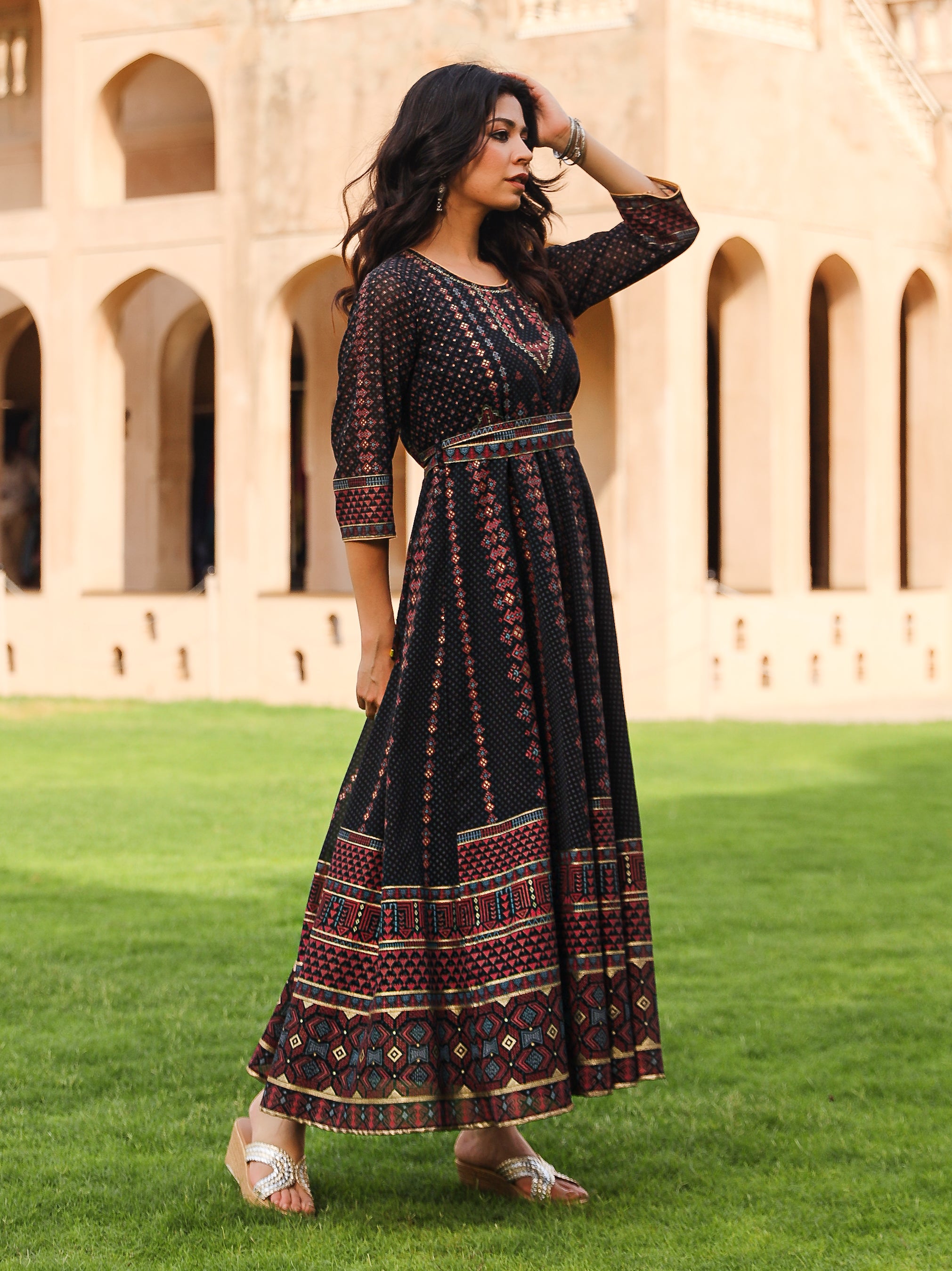 The Mahautsavam Black Ethnic Motif Printed Georgette Dress With Sequins & Beads