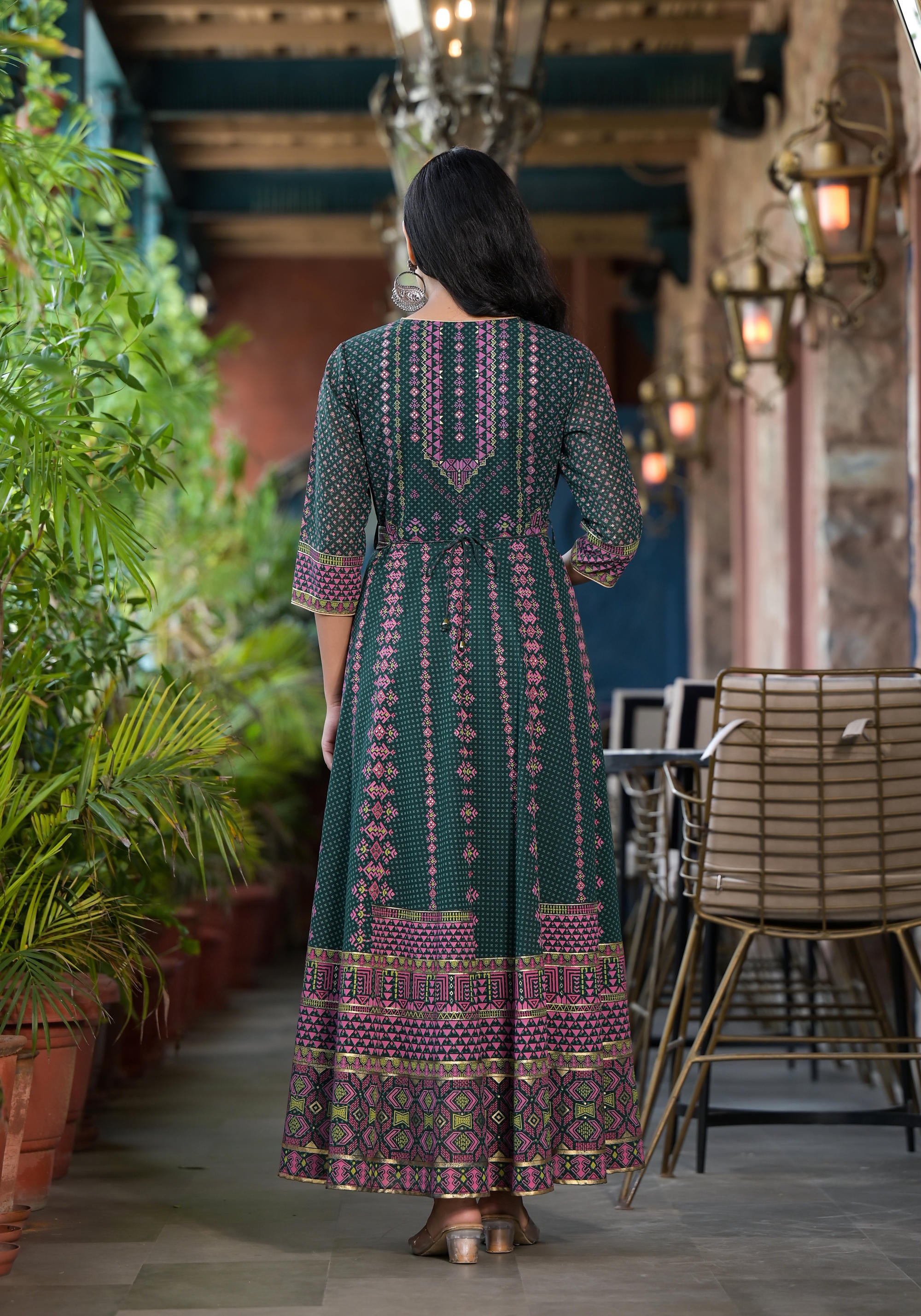 Green Ethnic Motif Printed Georgette Maxi Dress With Sequins Gota Patti