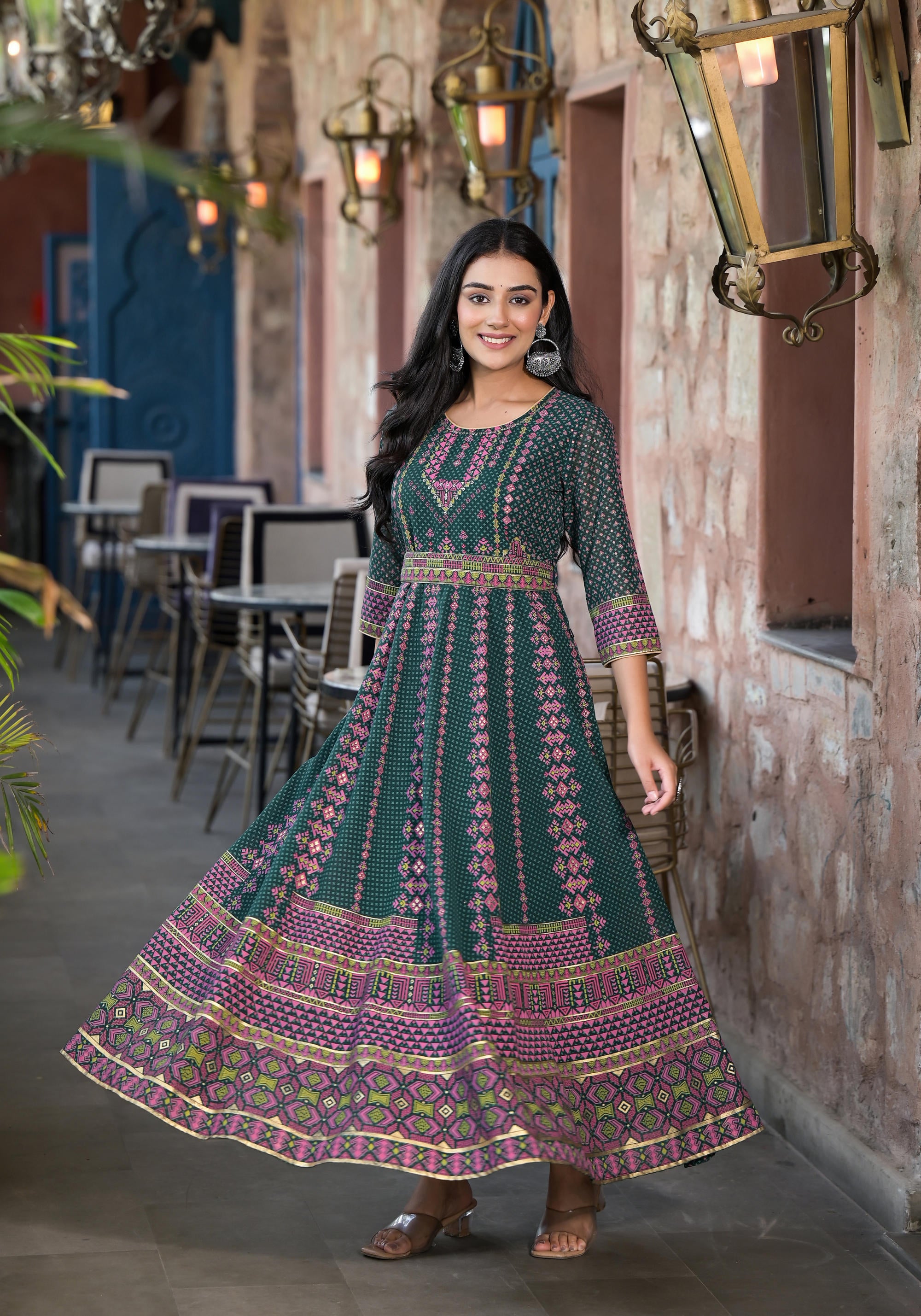 Green Ethnic Motif Printed Georgette Maxi Dress With Sequins Gota Patti