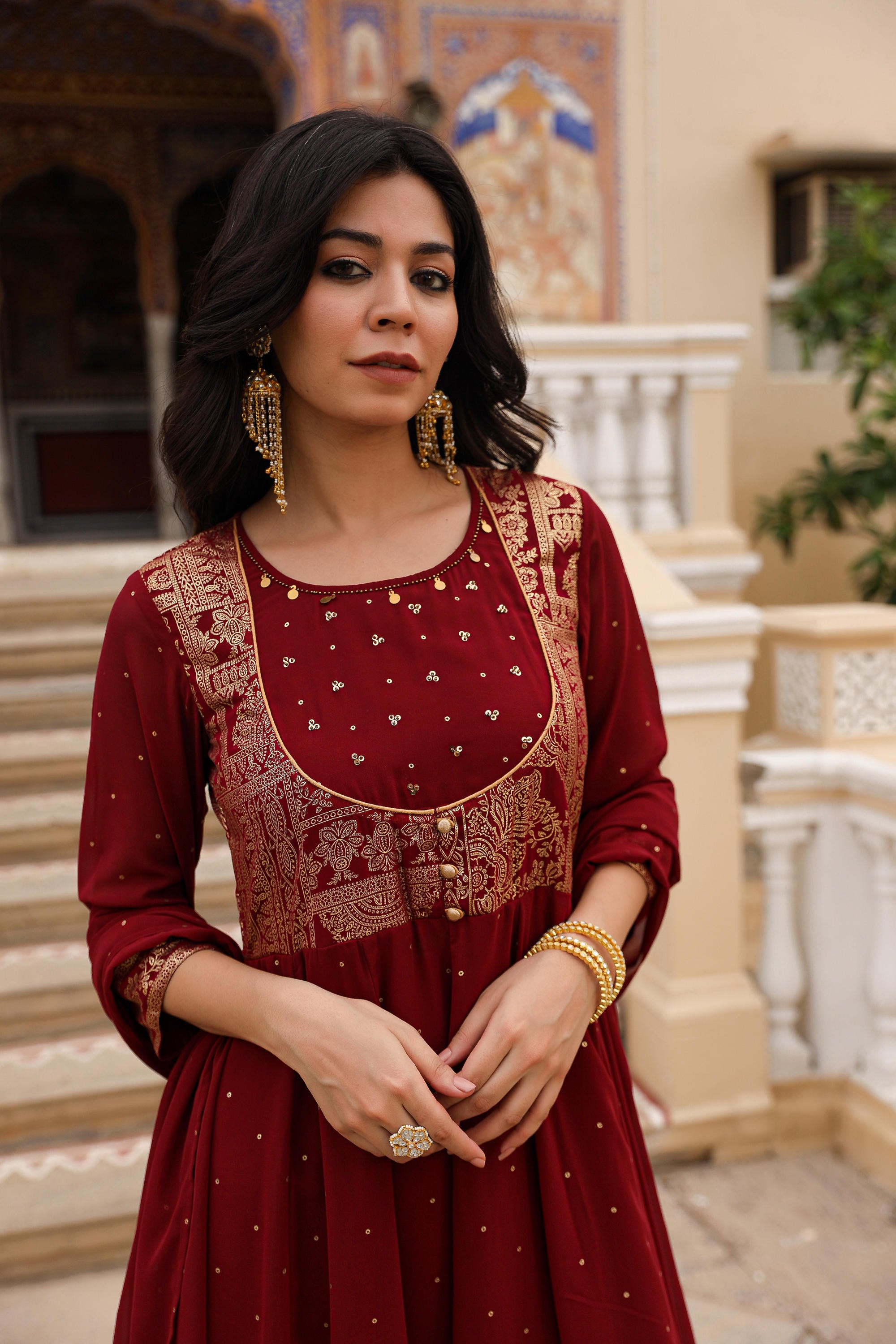 Maroon Ethnic Motif Printed Georgette Kurta & Dupatta Set With Coins & Lace