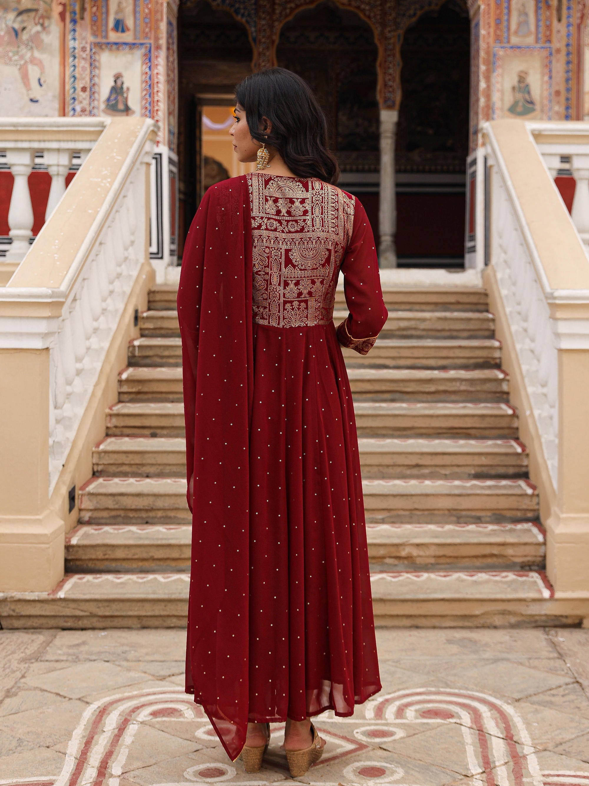 Maroon Ethnic Motif Printed Georgette Kurta & Dupatta Set With Coins & Lace