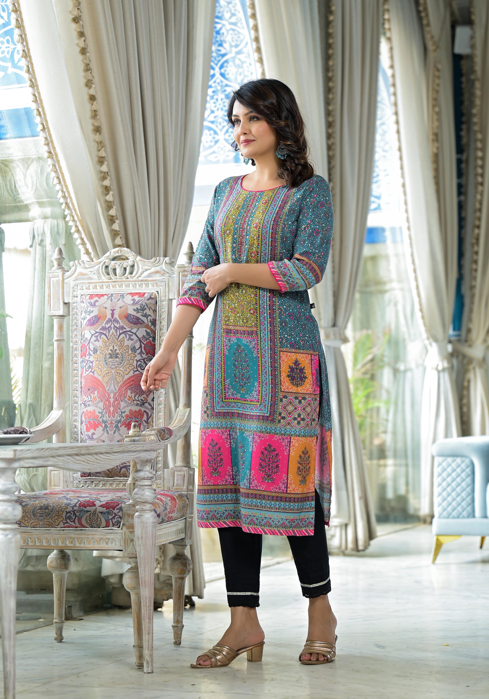 Blue Floral Printed Liva Rayon Kurta With Beads & Sequins Work