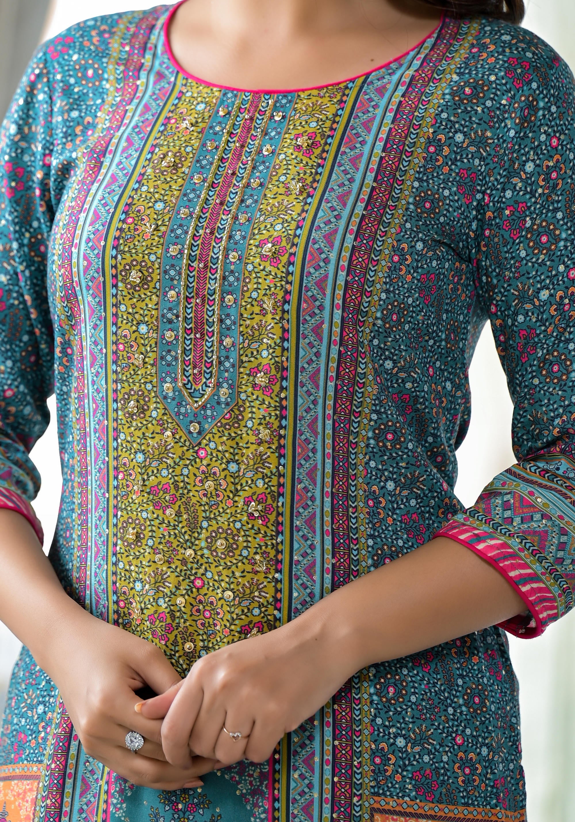Blue Floral Printed Liva Rayon Kurta With Beads & Sequins Work