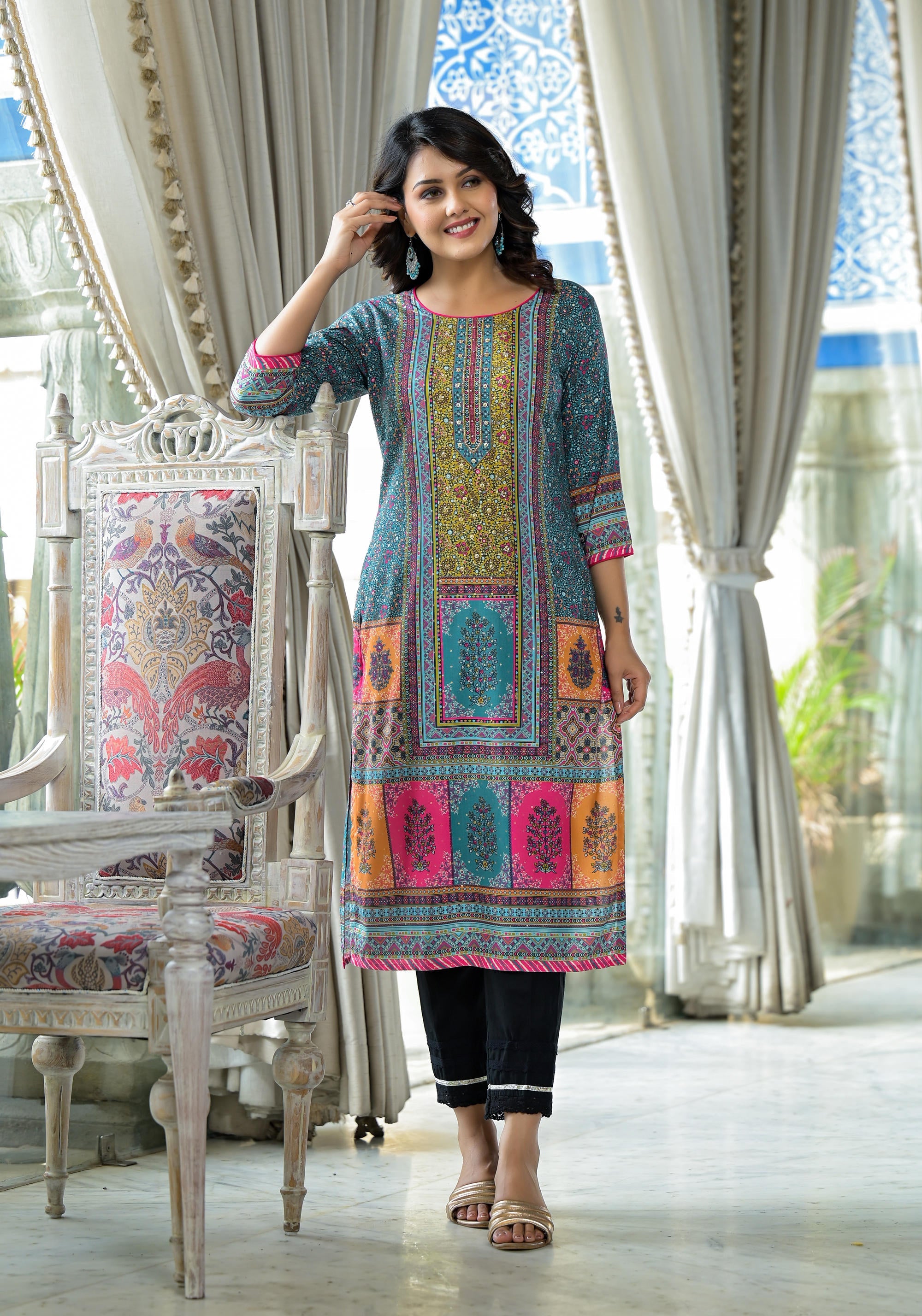 Blue Floral Printed Liva Rayon Kurta With Beads & Sequins Work