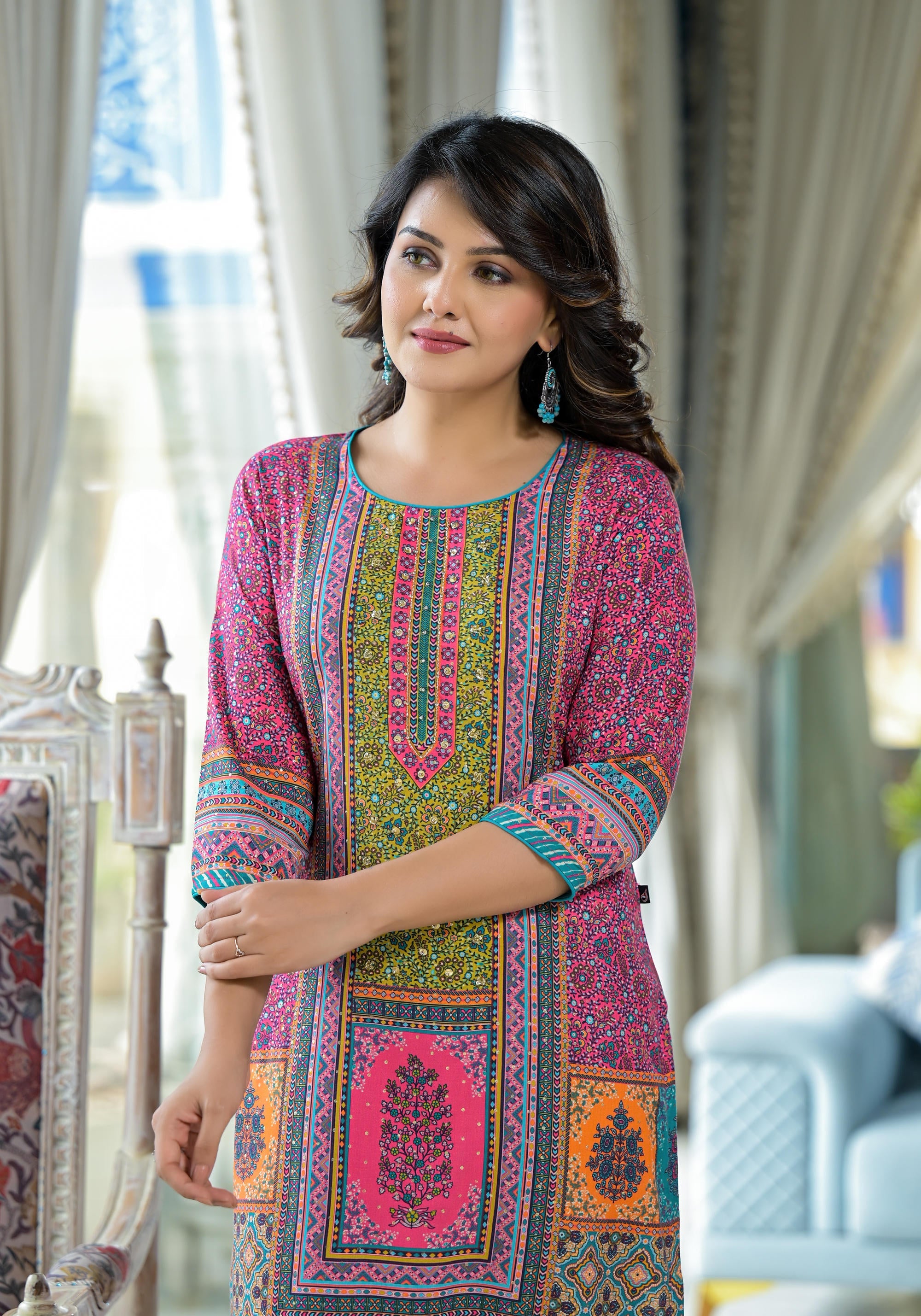Pink Floral Printed Liva Rayon Kurta With Beads & Sequins Work