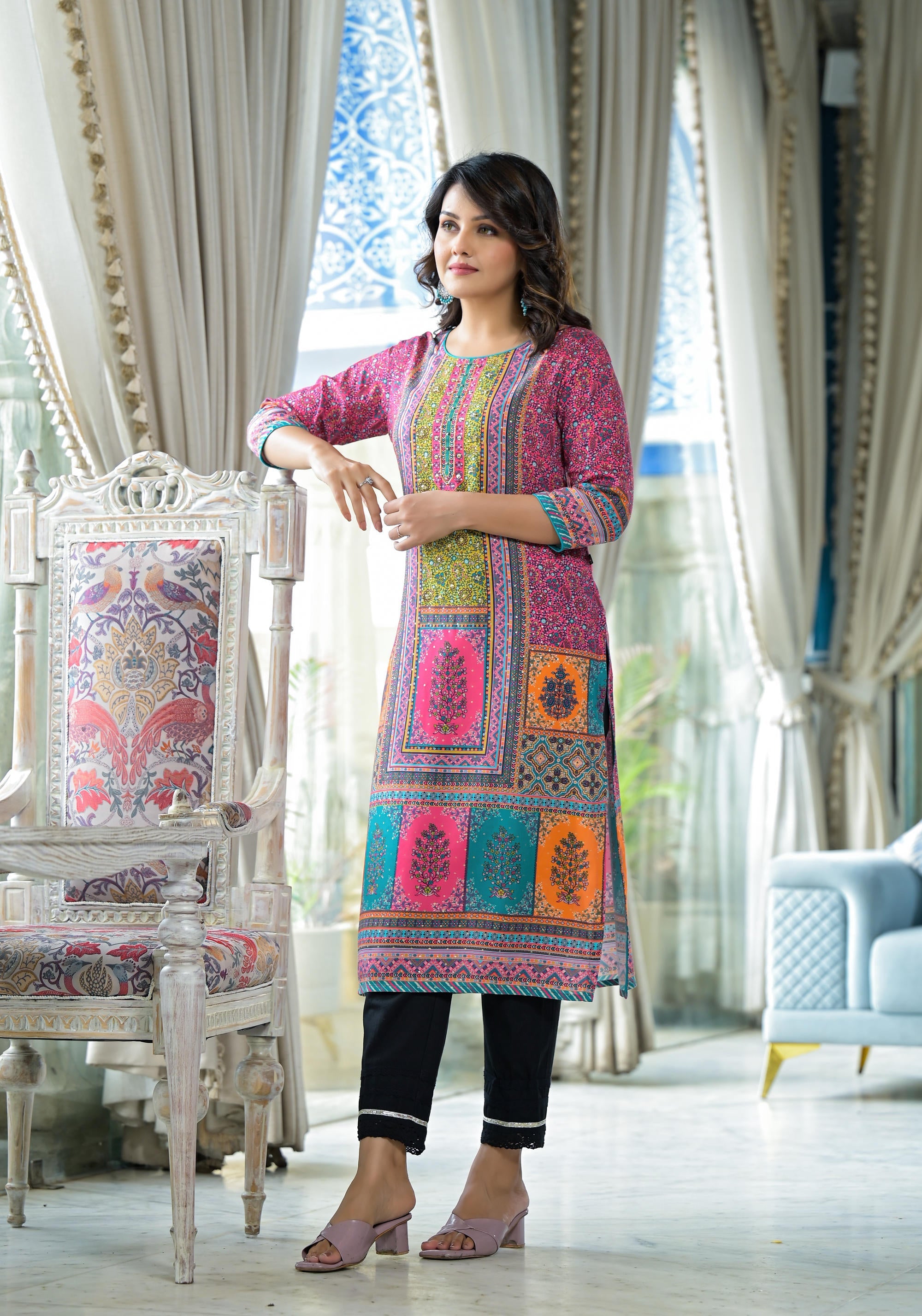 Pink Floral Printed Liva Rayon Kurta With Beads & Sequins Work