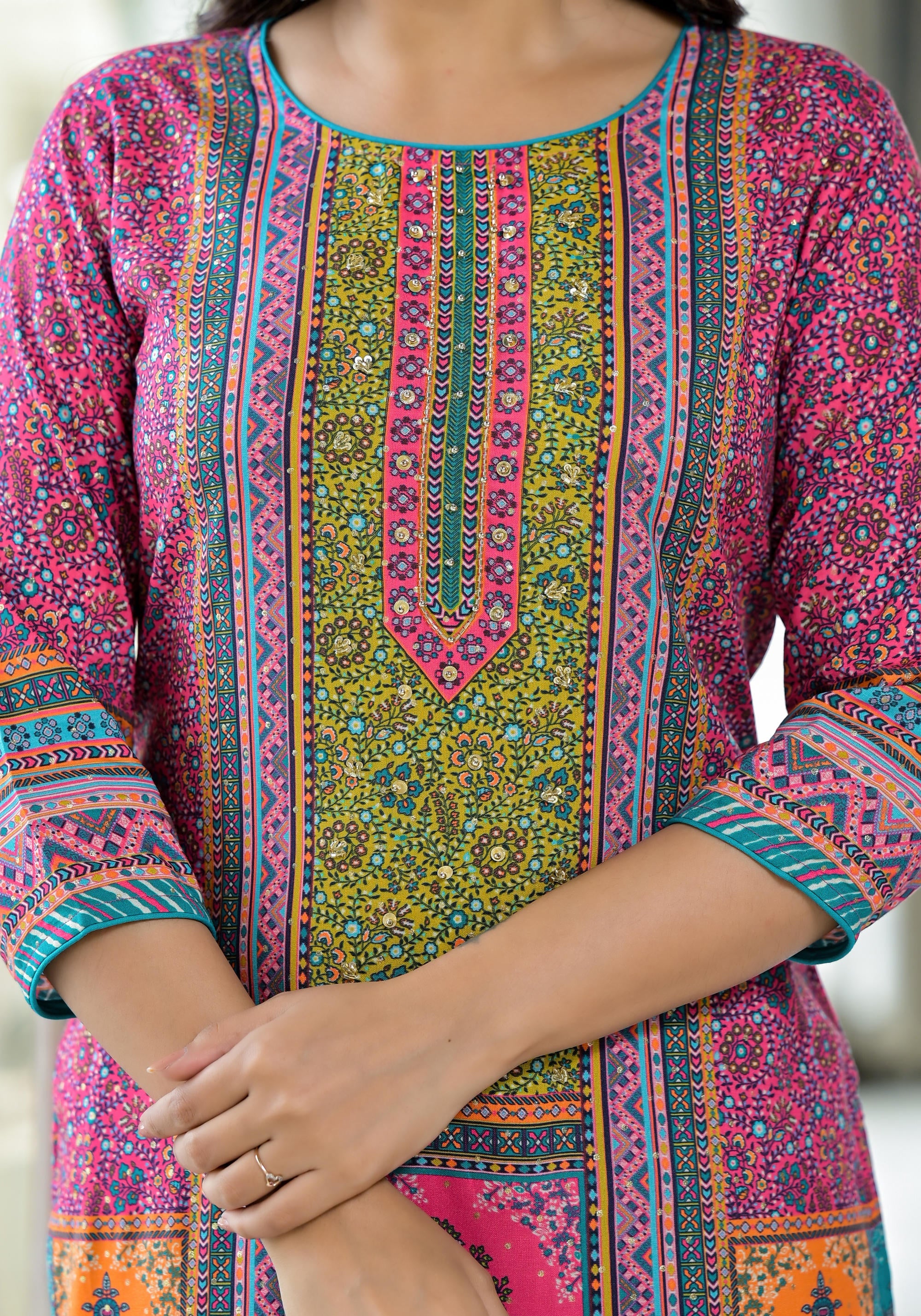 Pink Floral Printed Liva Rayon Kurta With Beads & Sequins Work