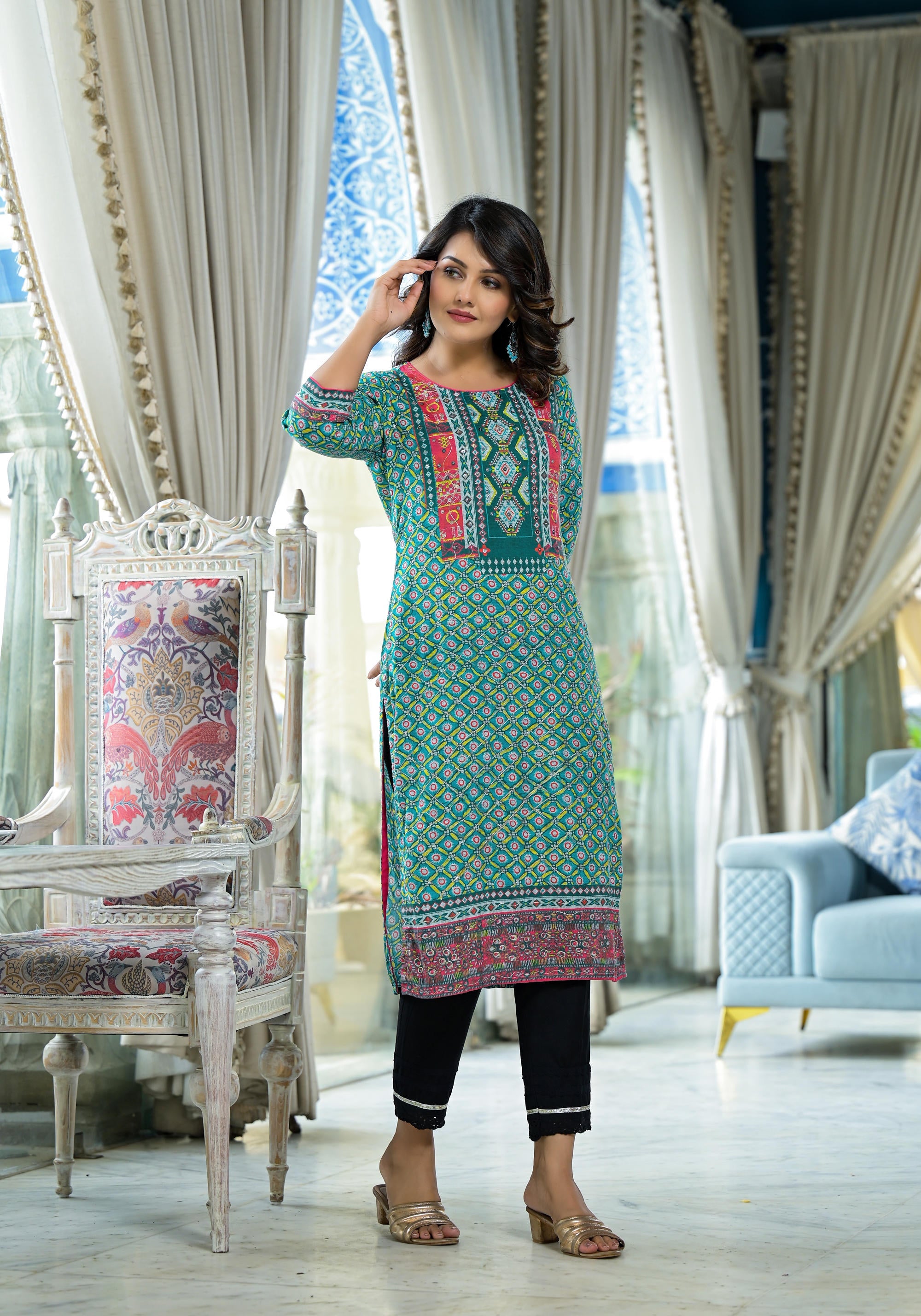 Teal Ethnic Motif Printed Liva Rayon Kurta With Sequins & Gota Patti Work