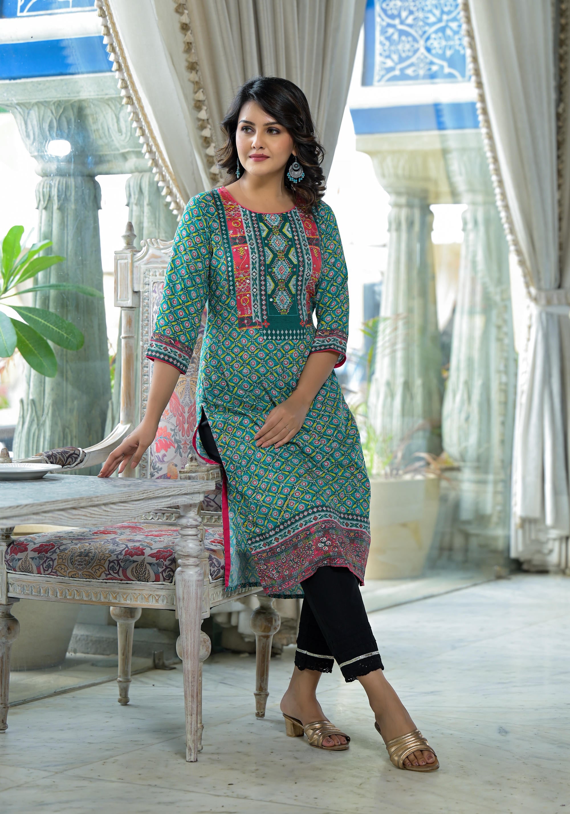 Teal Ethnic Motif Printed Liva Rayon Kurta With Sequins & Gota Patti Work