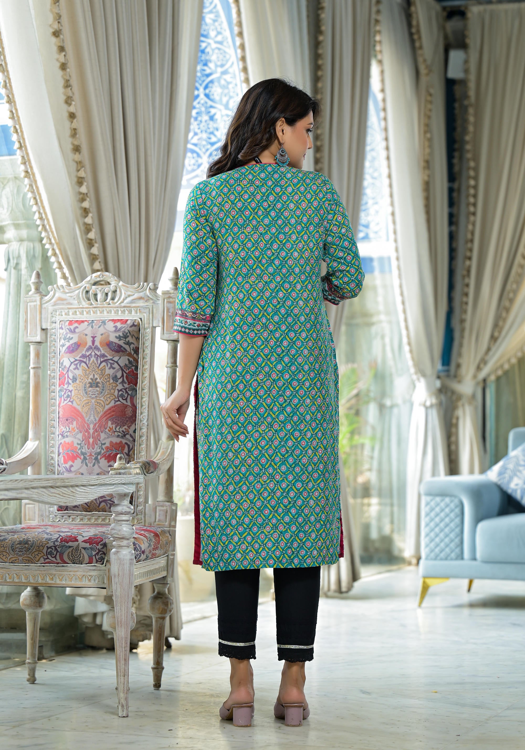 Teal Ethnic Motif Printed Liva Rayon Kurta With Sequins & Gota Patti Work