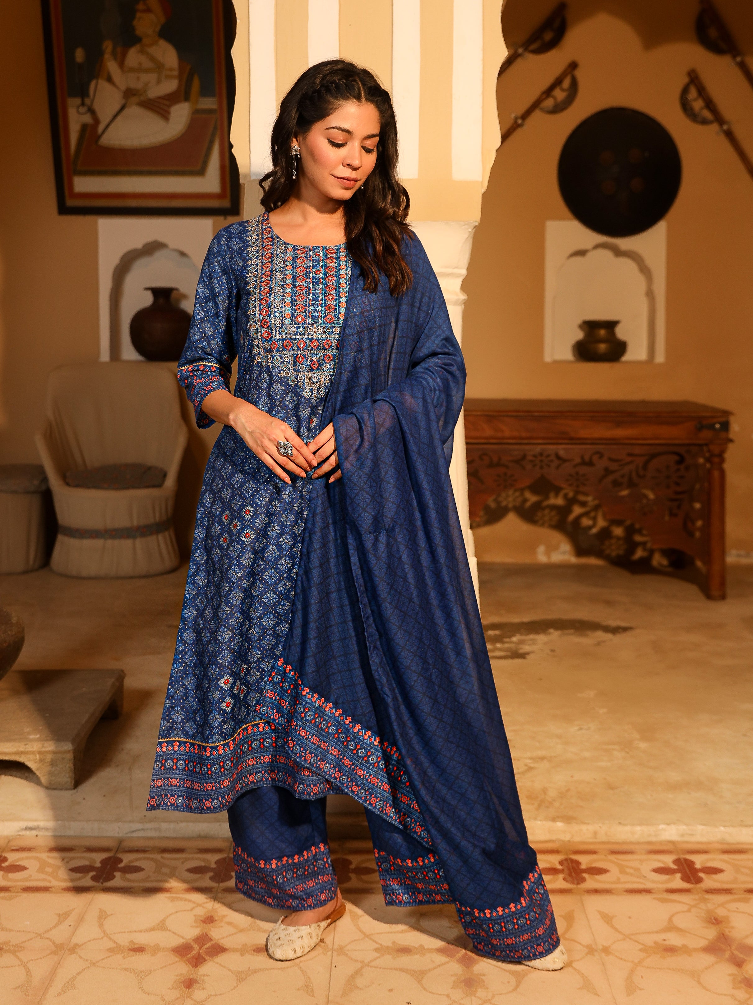 Blue Ethnic Motif Printed Polycotton Kurta Pant And Dupatta Set With Thread Zari Work & Sequins