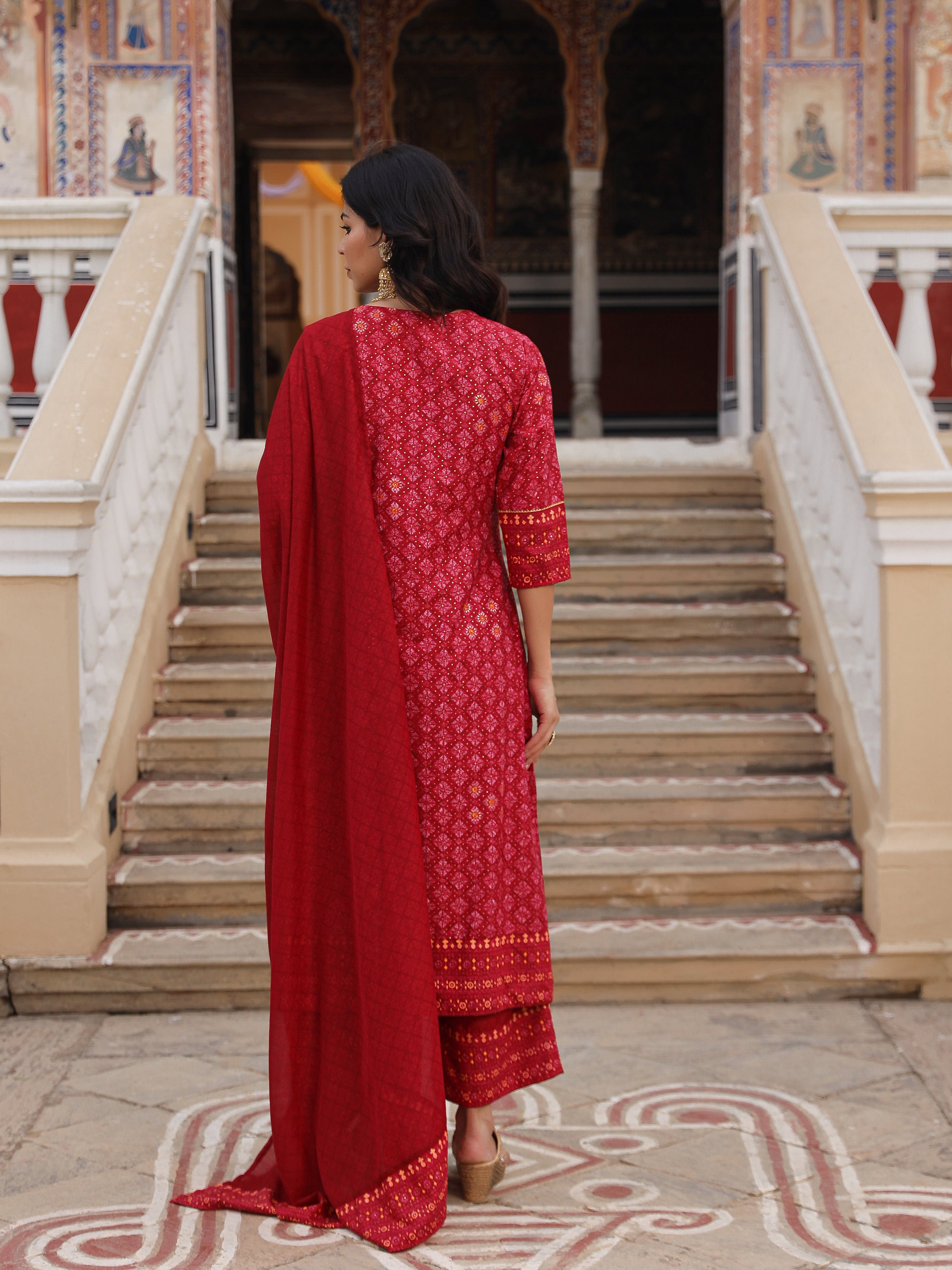 Red Ethnic Motif Printed Polycotton Kurta Pant And Dupatta Set With Thread Zari Work & Sequins