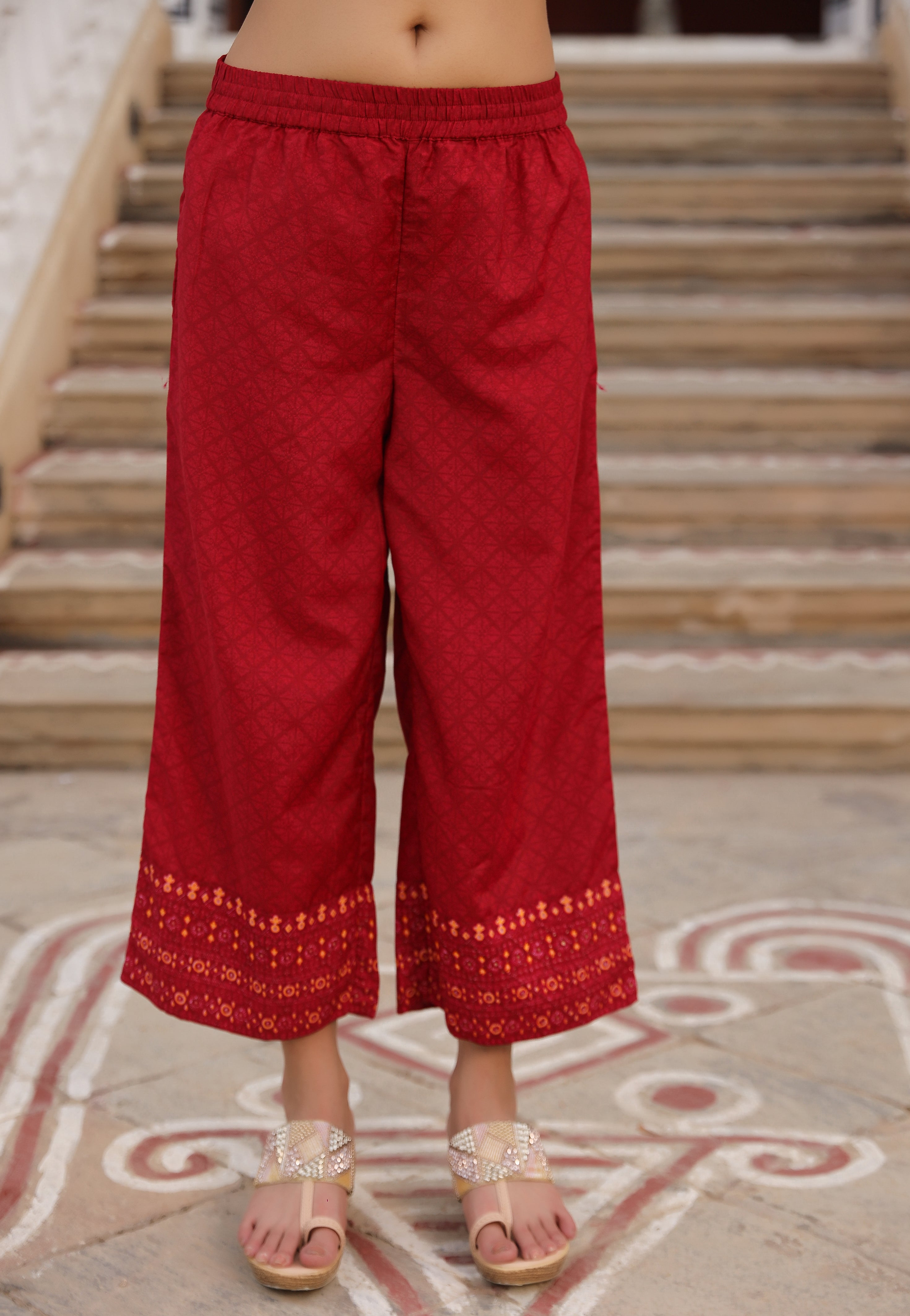 Red Ethnic Motif Printed Polycotton Kurta Pant And Dupatta Set With Thread Zari Work & Sequins