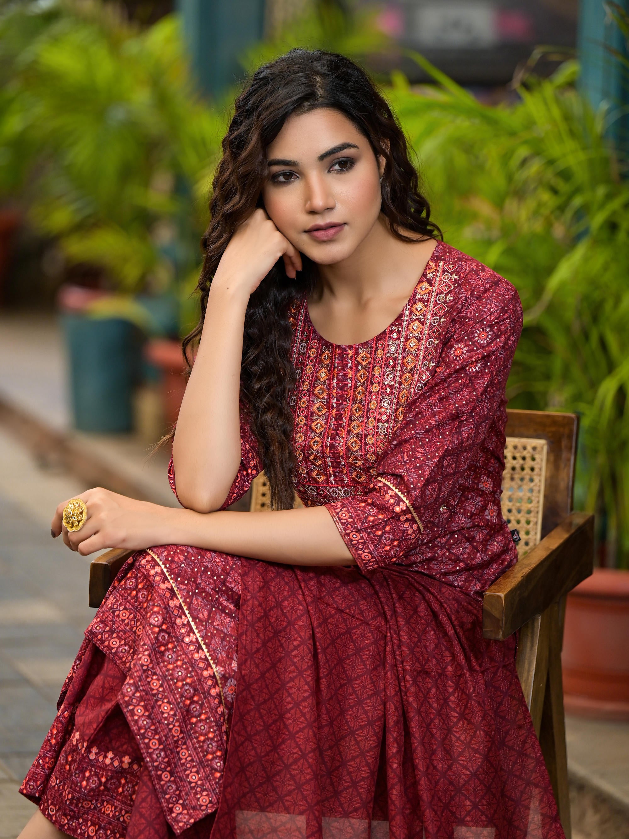 Rust Ethnic Motif Printed Cotton Kurta Set With Thread Work & Sequins