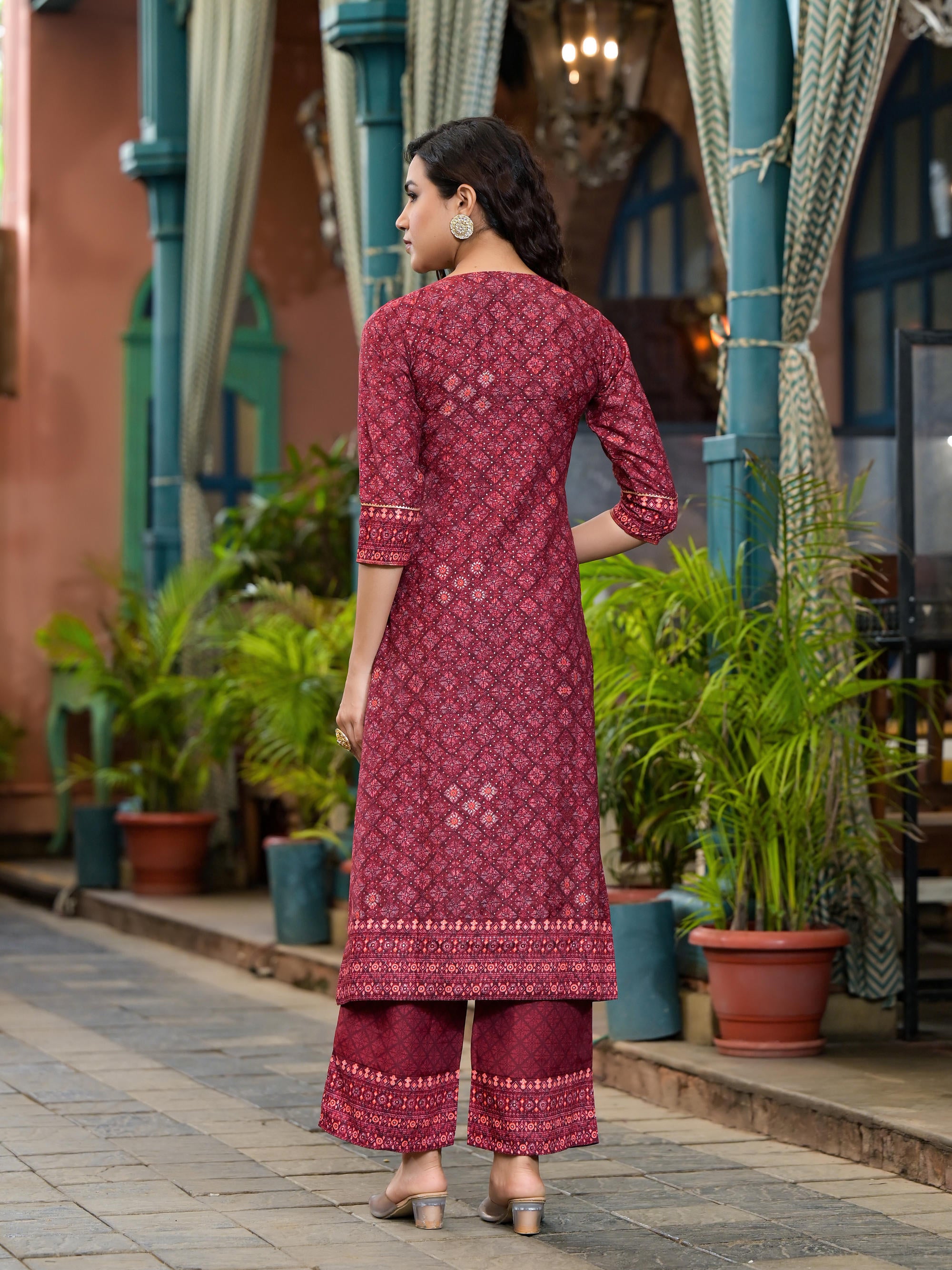 Rust Ethnic Motif Printed Cotton Kurta Set With Thread Work & Sequins