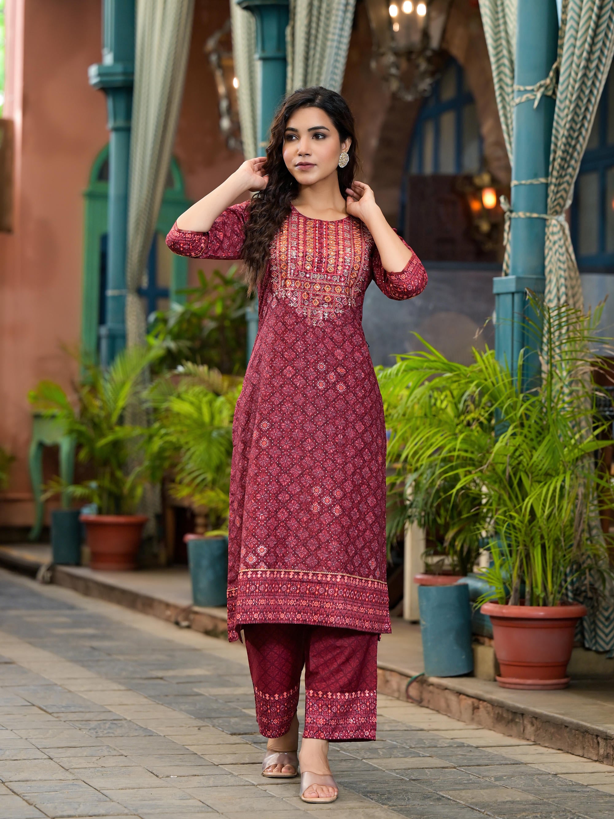 Rust Ethnic Motif Printed Cotton Kurta Set With Thread Work & Sequins