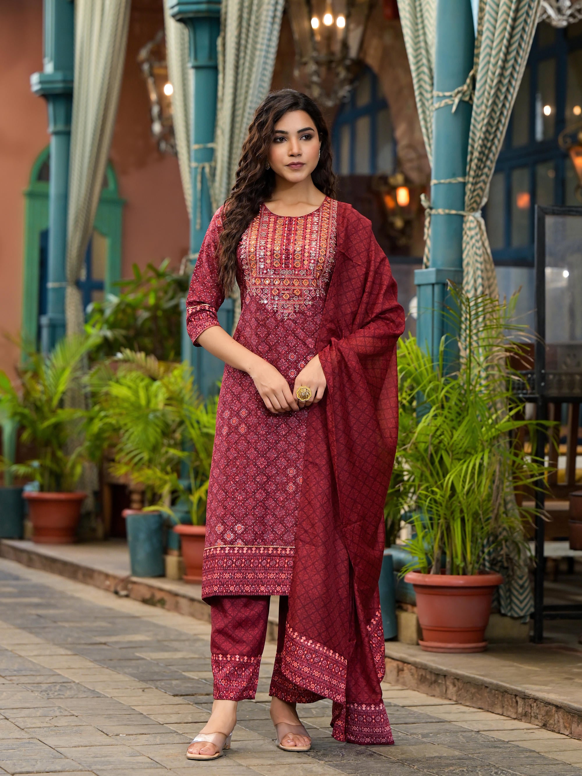 Rust Ethnic Motif Printed Cotton Kurta Set With Thread Work & Sequins