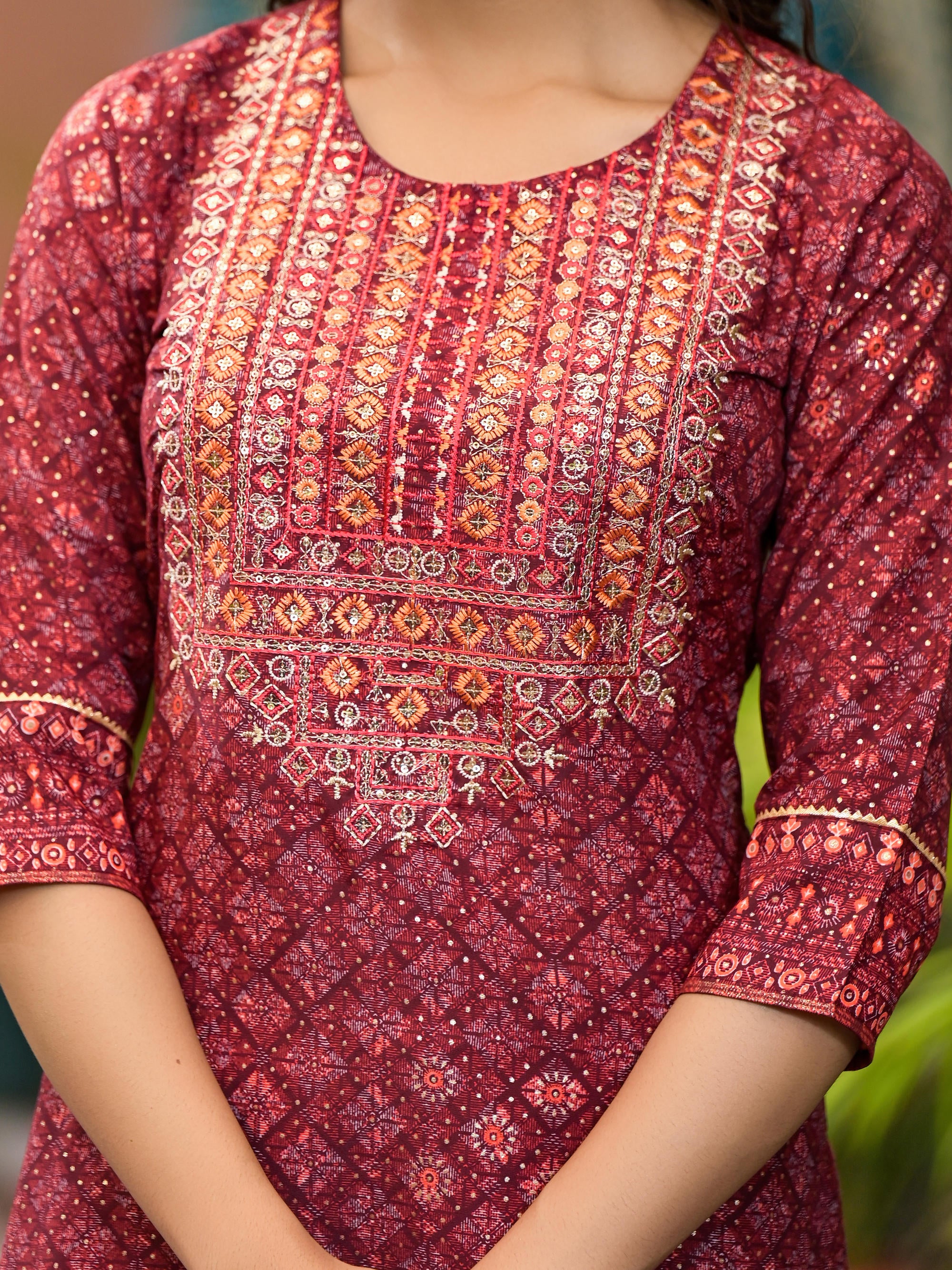 Rust Ethnic Motif Printed Cotton Kurta Set With Thread Work & Sequins