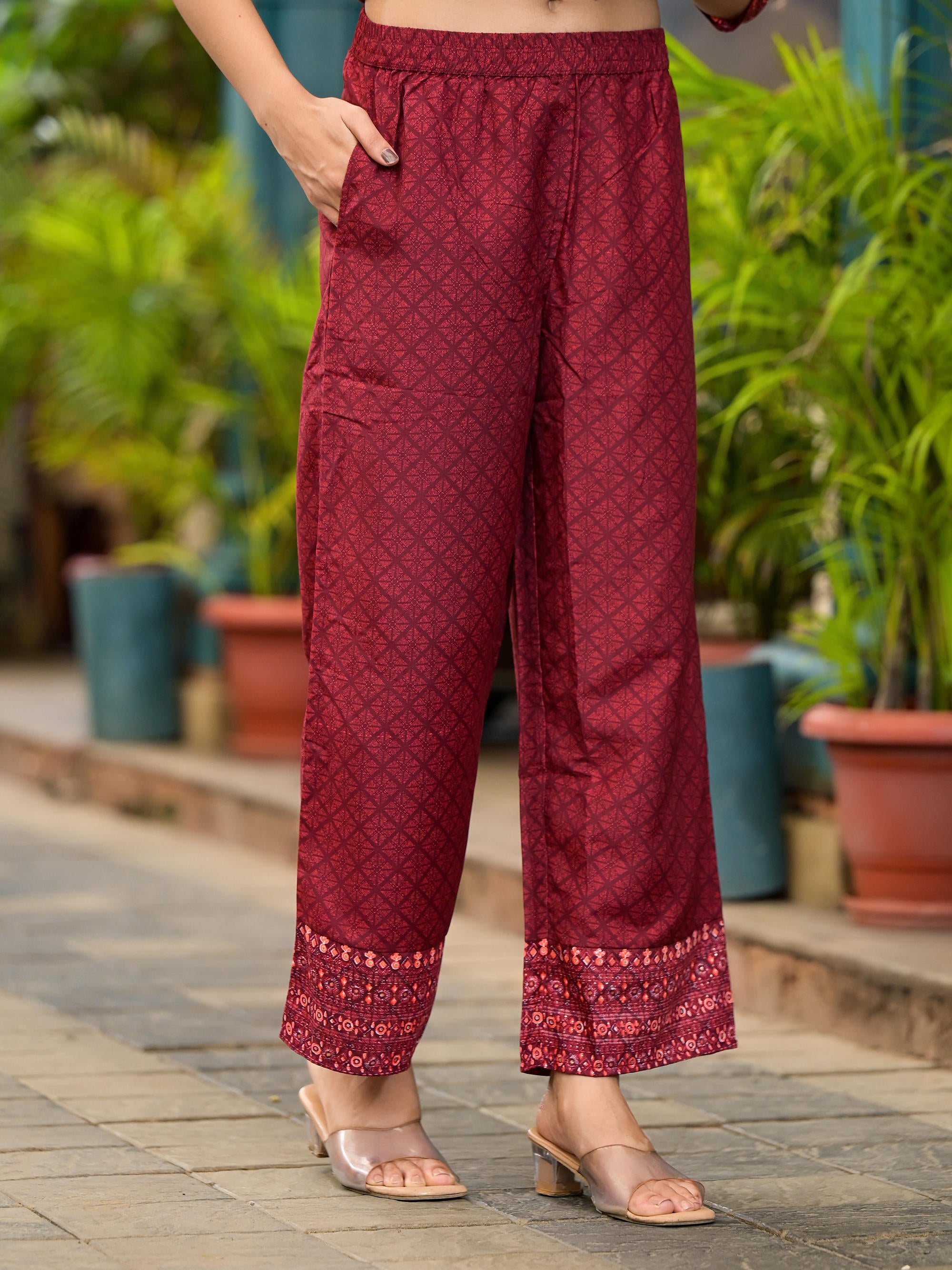 Rust Ethnic Motif Printed Cotton Kurta Set With Thread Work & Sequins