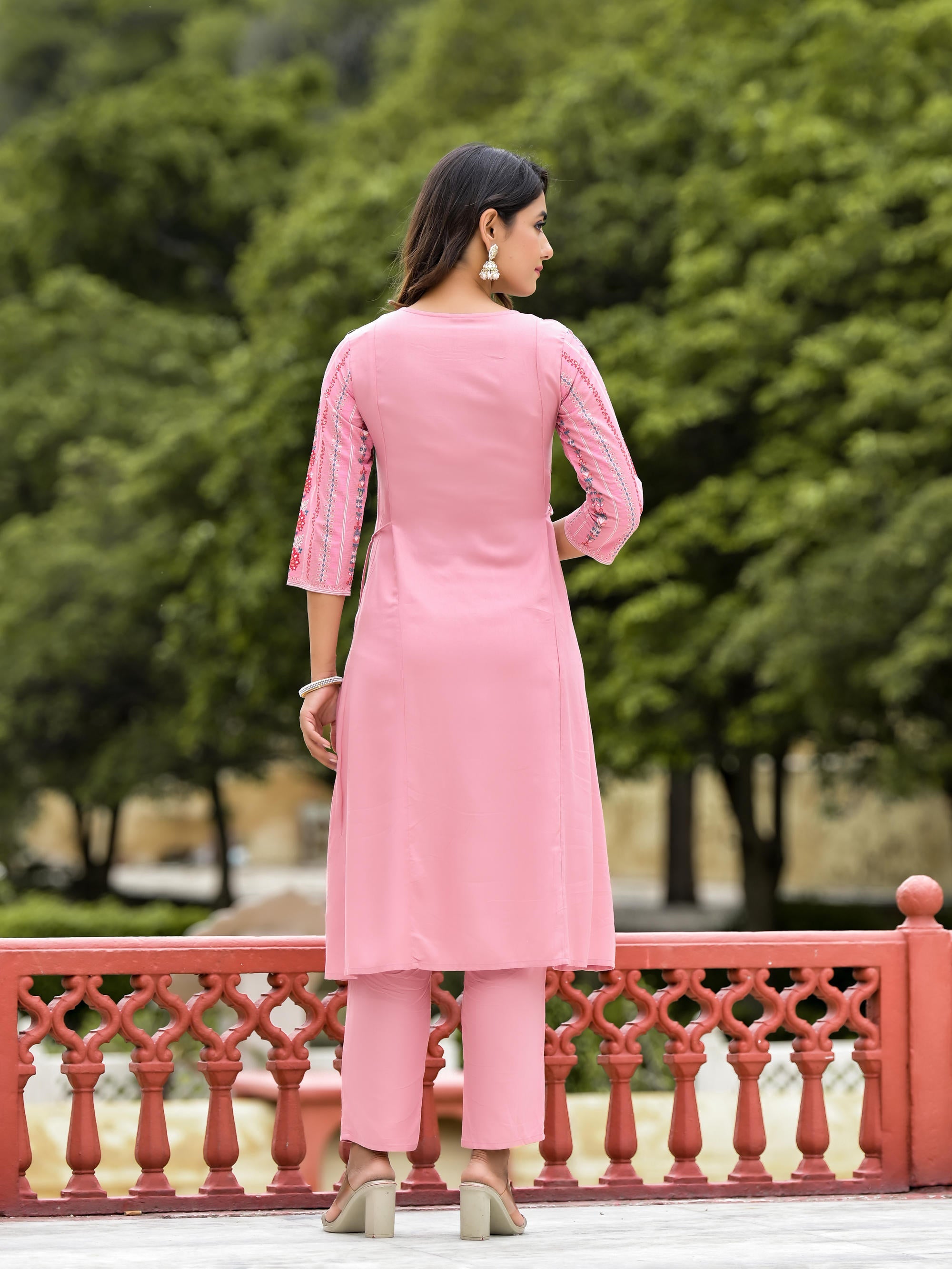 Peach Floral Printed Liva Rayon Kurta Pant And Dupatta Set With Doris At Waist & Thread Work And Tassels