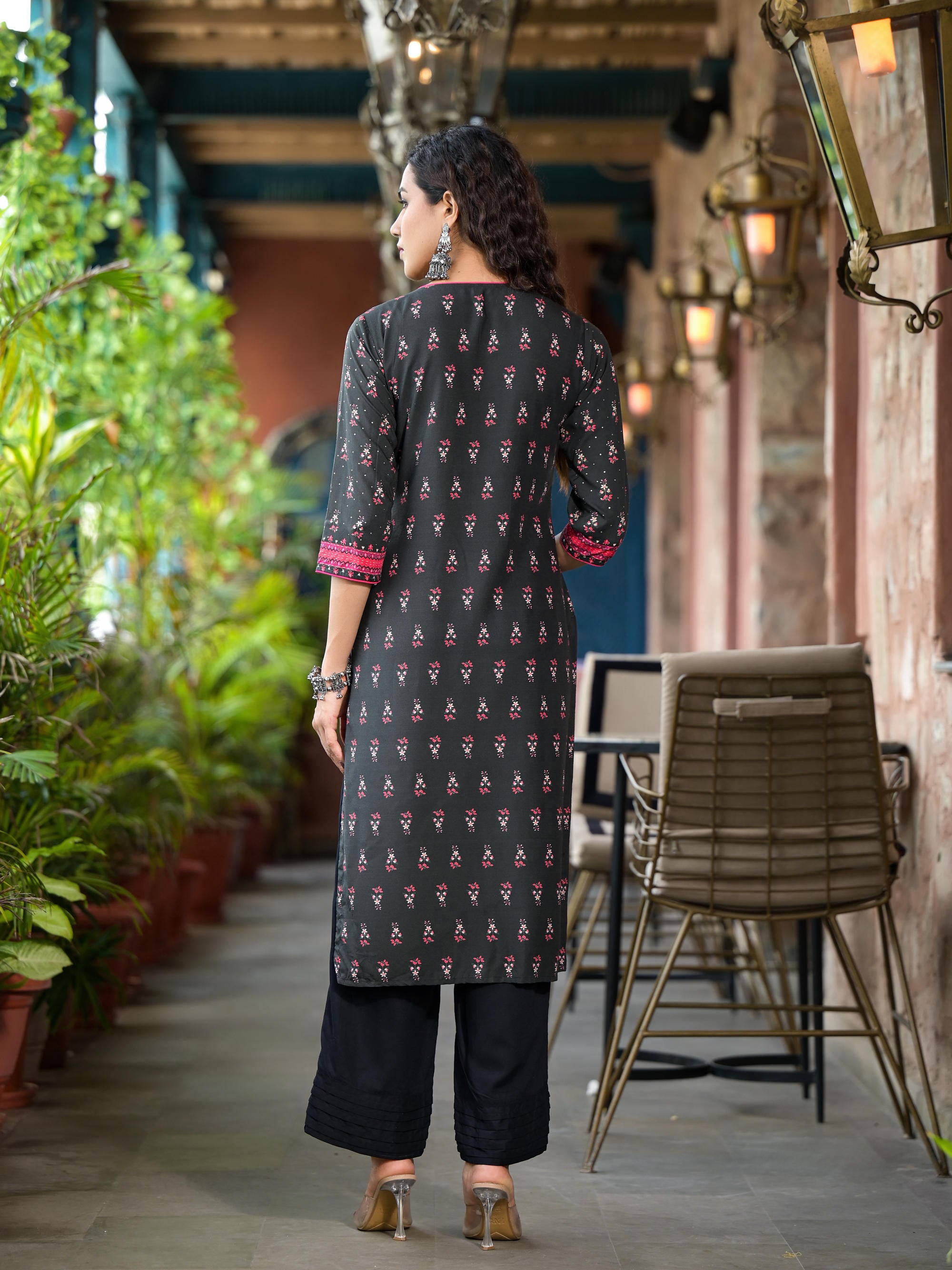 Black Ethnic Motif Printed Liva Rayon Kurta Set With Buttons Coins & Tassels