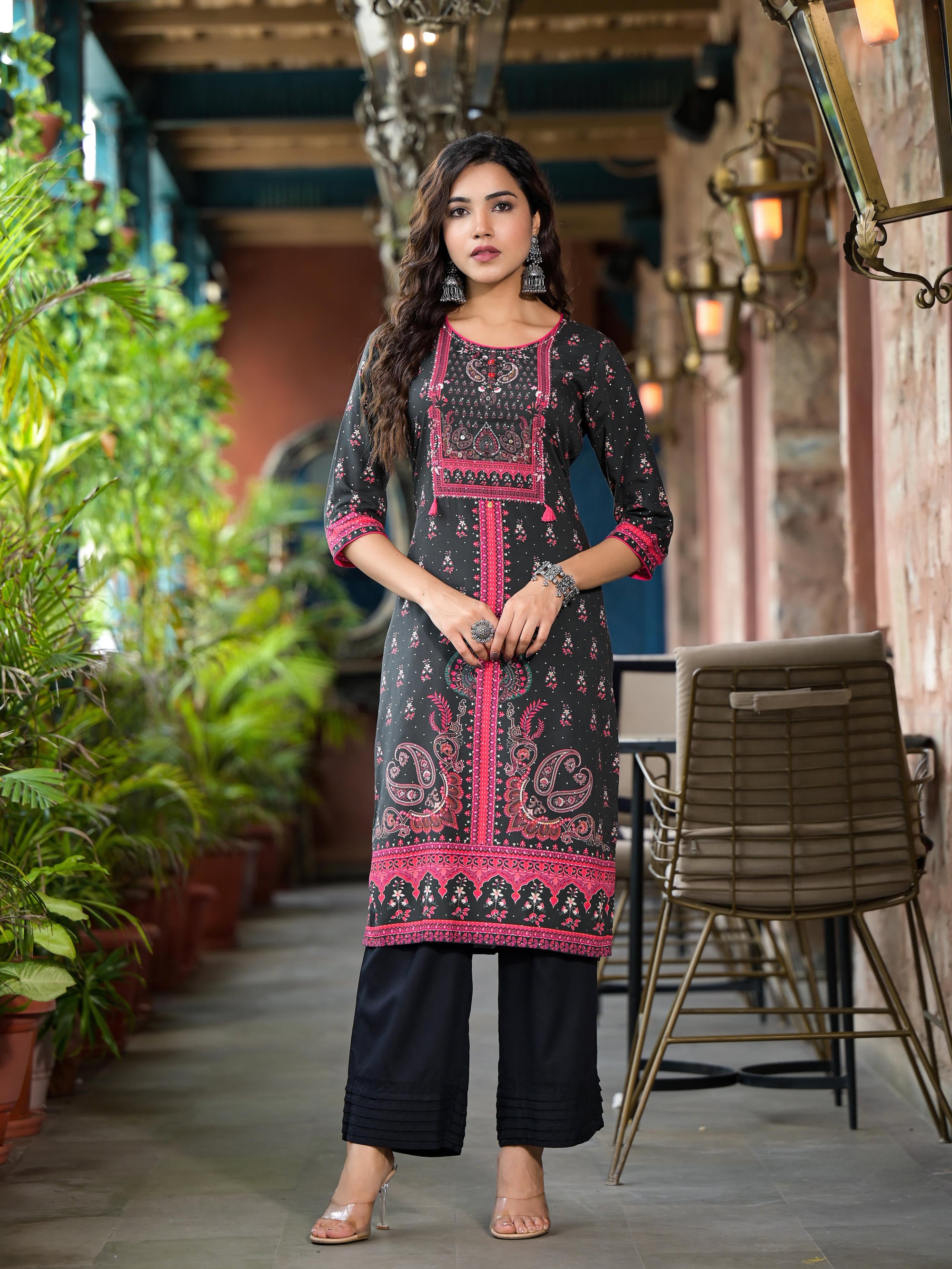 Black Ethnic Motif Printed Liva Rayon Kurta Set With Buttons Coins & Tassels