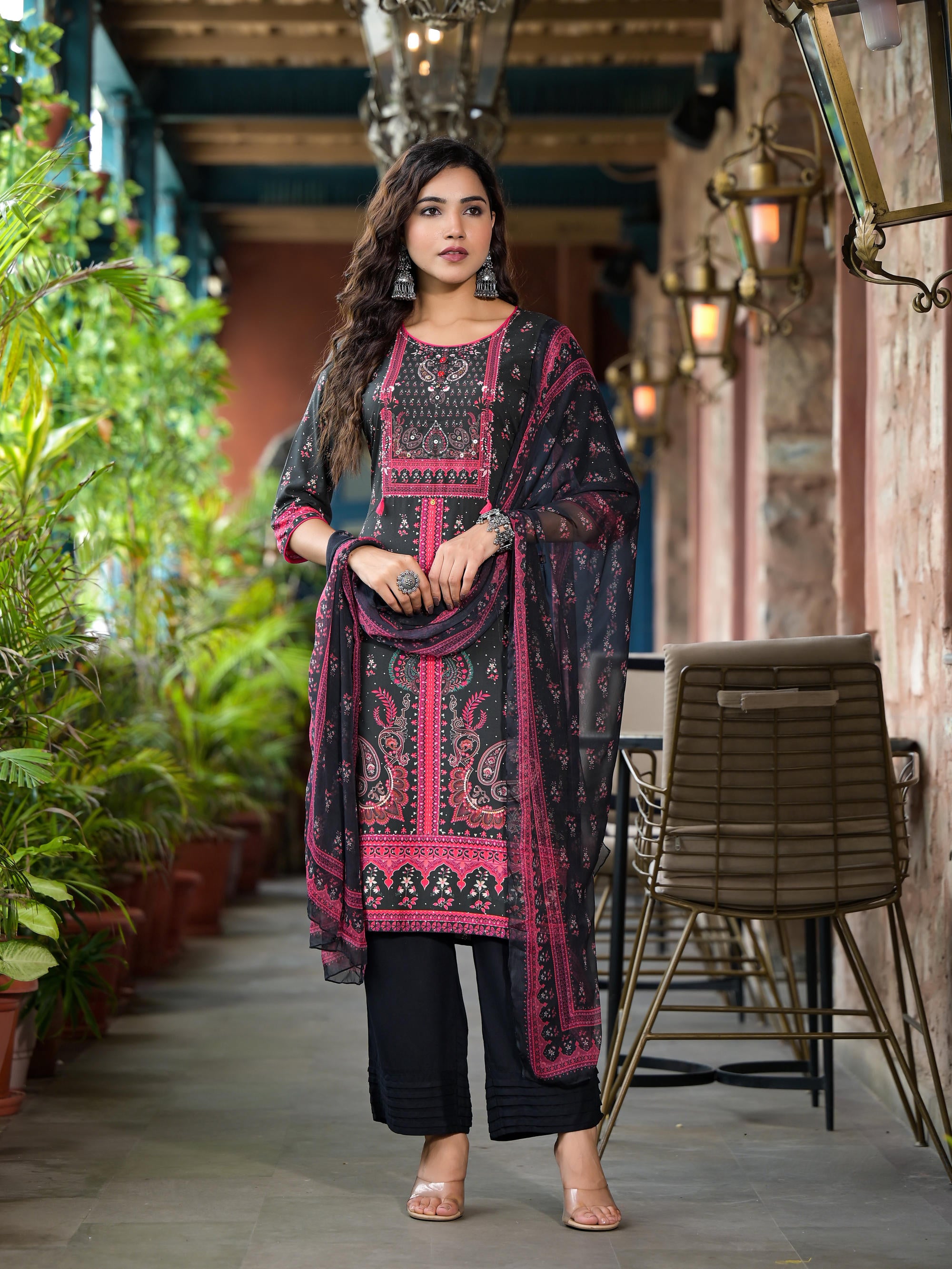 Black Ethnic Motif Printed Liva Rayon Kurta Set With Buttons Coins & Tassels