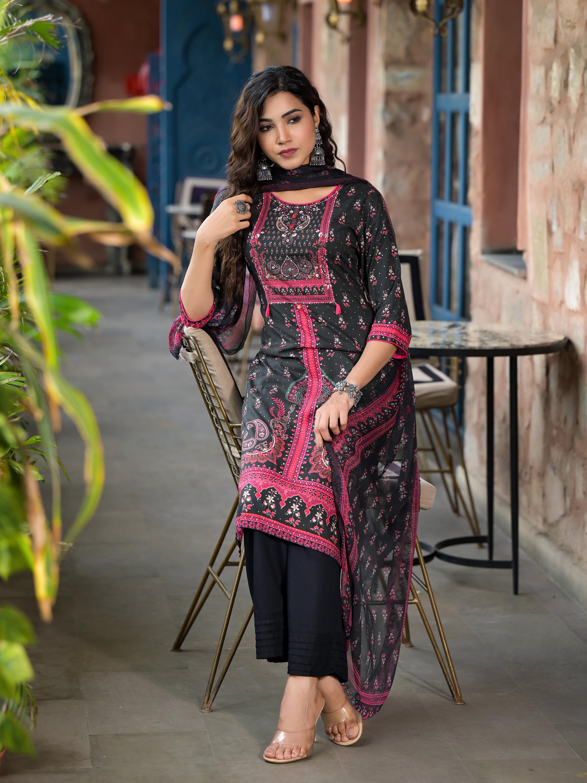 Black Ethnic Motif Printed Liva Rayon Kurta Set With Buttons Coins & Tassels