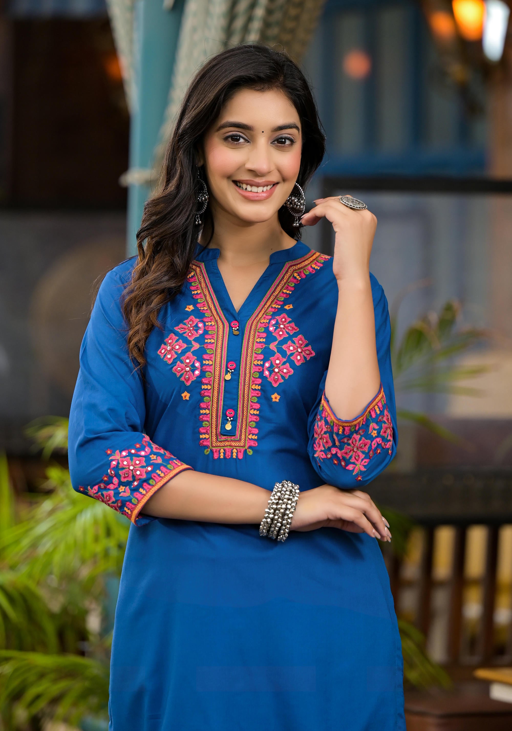 Blue Thread Embroidered Liva Rayon Short Kurta And Pant Set With Buttons & Coins