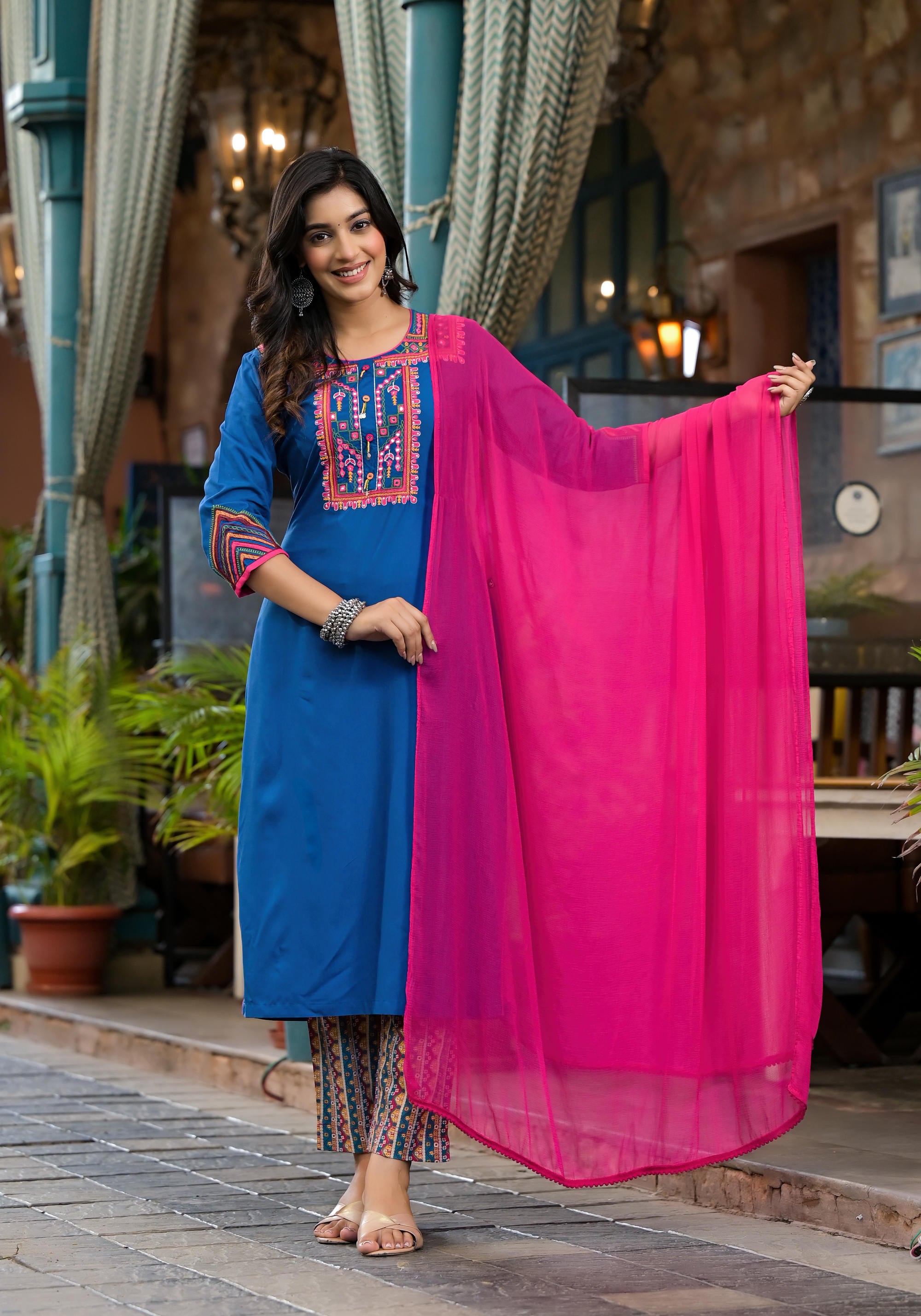 Blue Thread Embroidered Liva Rayon Kurta Pant And Dupatta Set With Mirror Work Beads & Coins