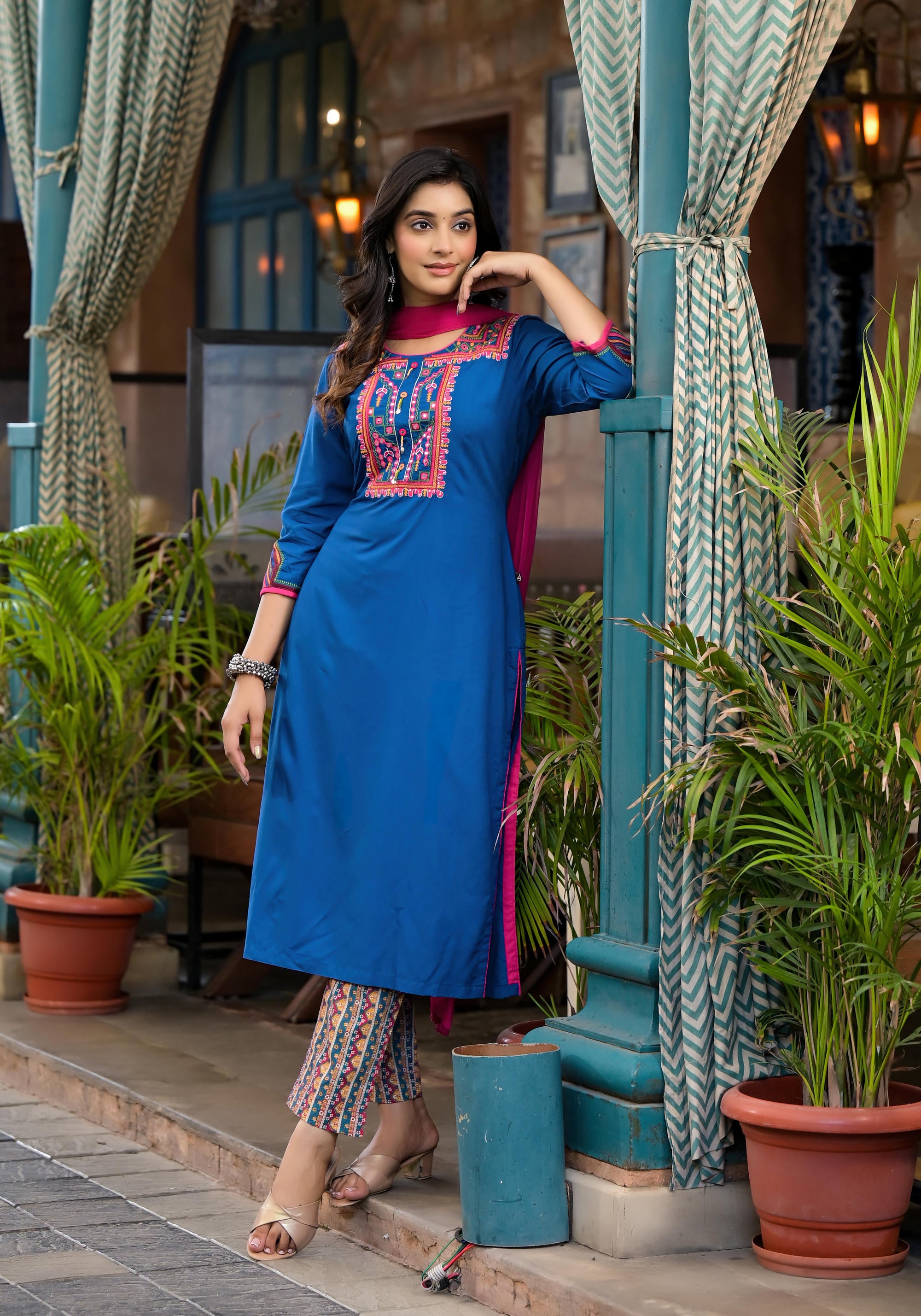 Blue Thread Embroidered Liva Rayon Kurta Pant And Dupatta Set With Mirror Work Beads & Coins