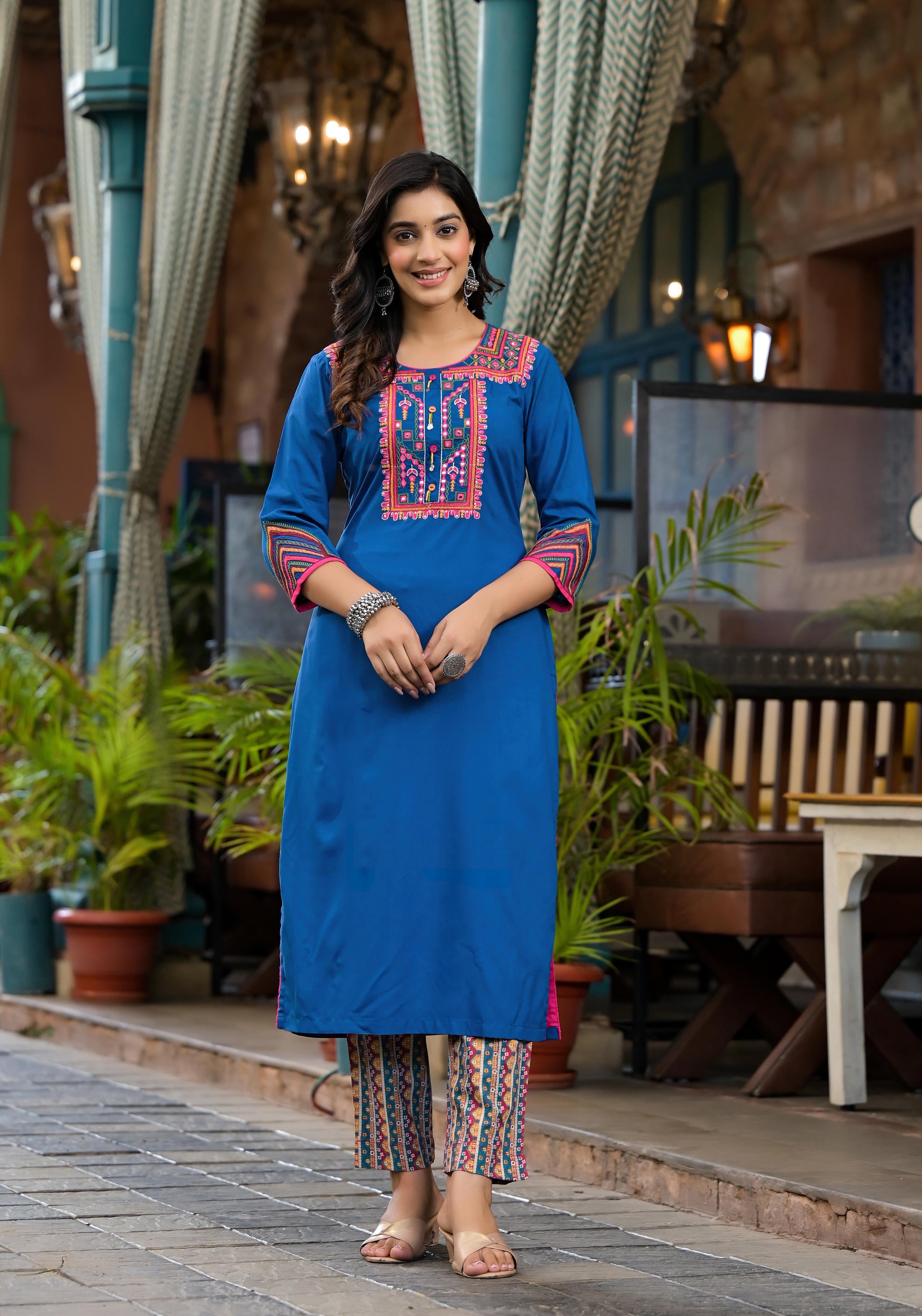 Blue Thread Embroidered Liva Rayon Kurta Pant And Dupatta Set With Mirror Work Beads & Coins