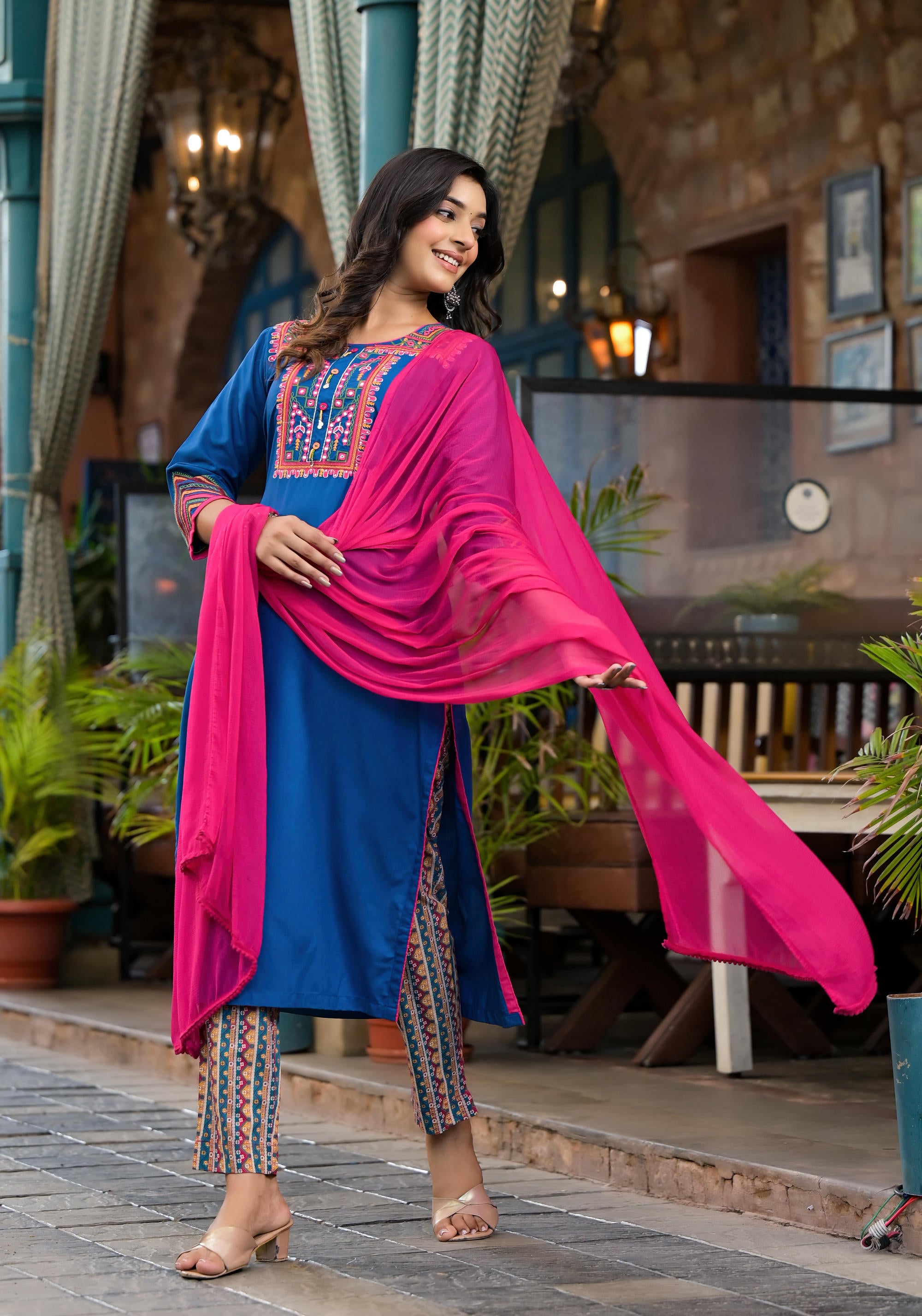 Blue Thread Embroidered Liva Rayon Kurta Pant And Dupatta Set With Mirror Work Beads & Coins