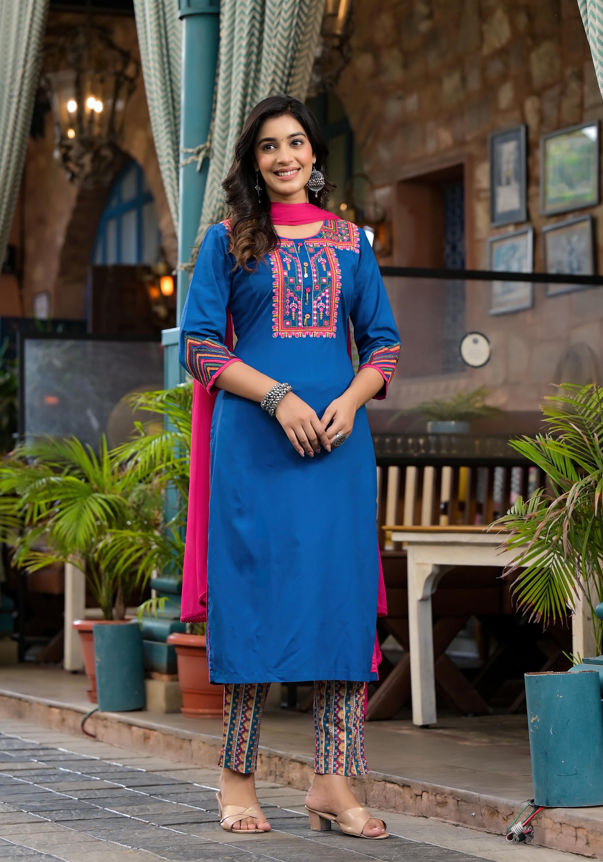 Blue Thread Embroidered Liva Rayon Kurta Pant And Dupatta Set With Mirror Work Beads & Coins