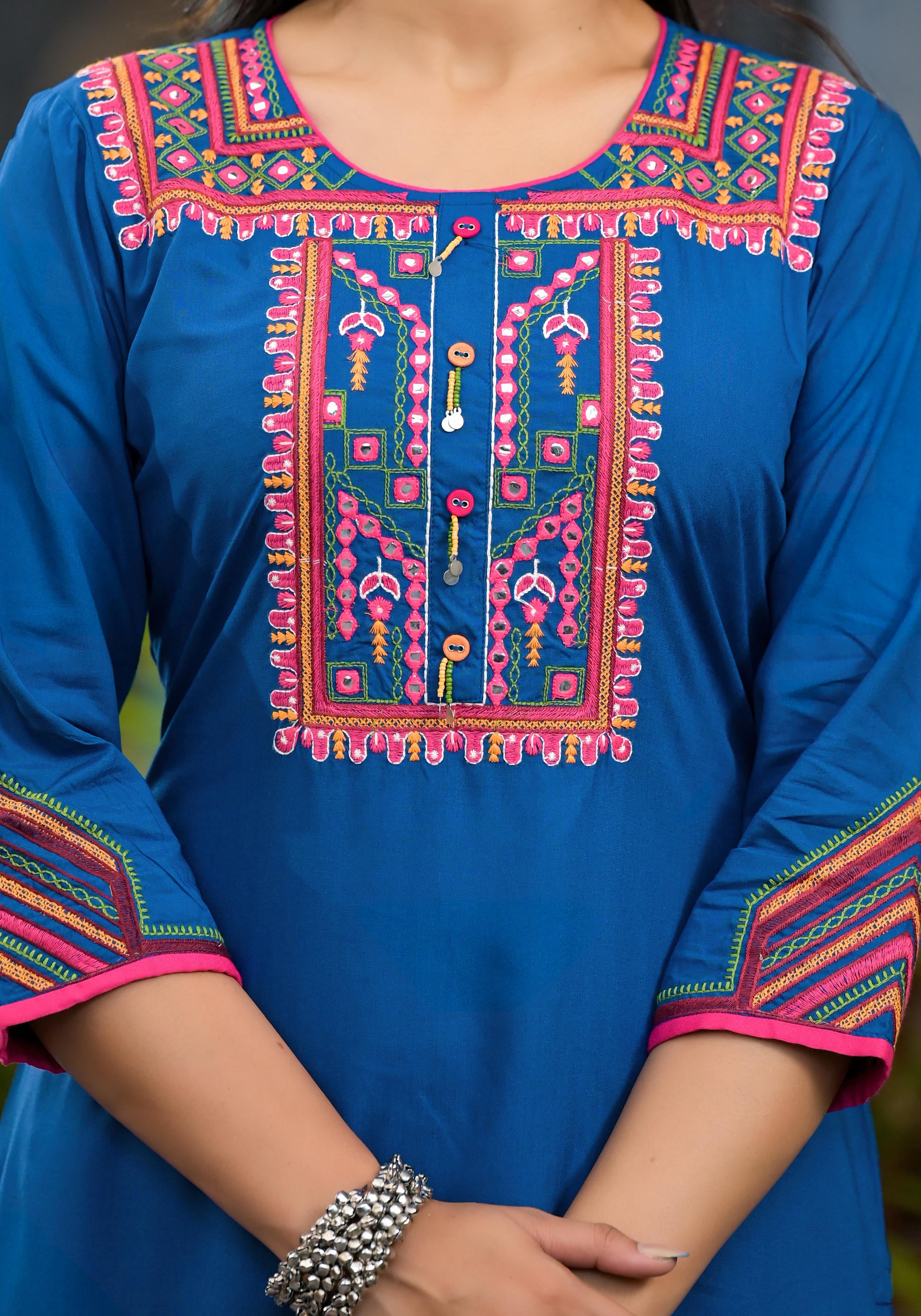 Blue Thread Embroidered Liva Rayon Kurta Pant And Dupatta Set With Mirror Work Beads & Coins