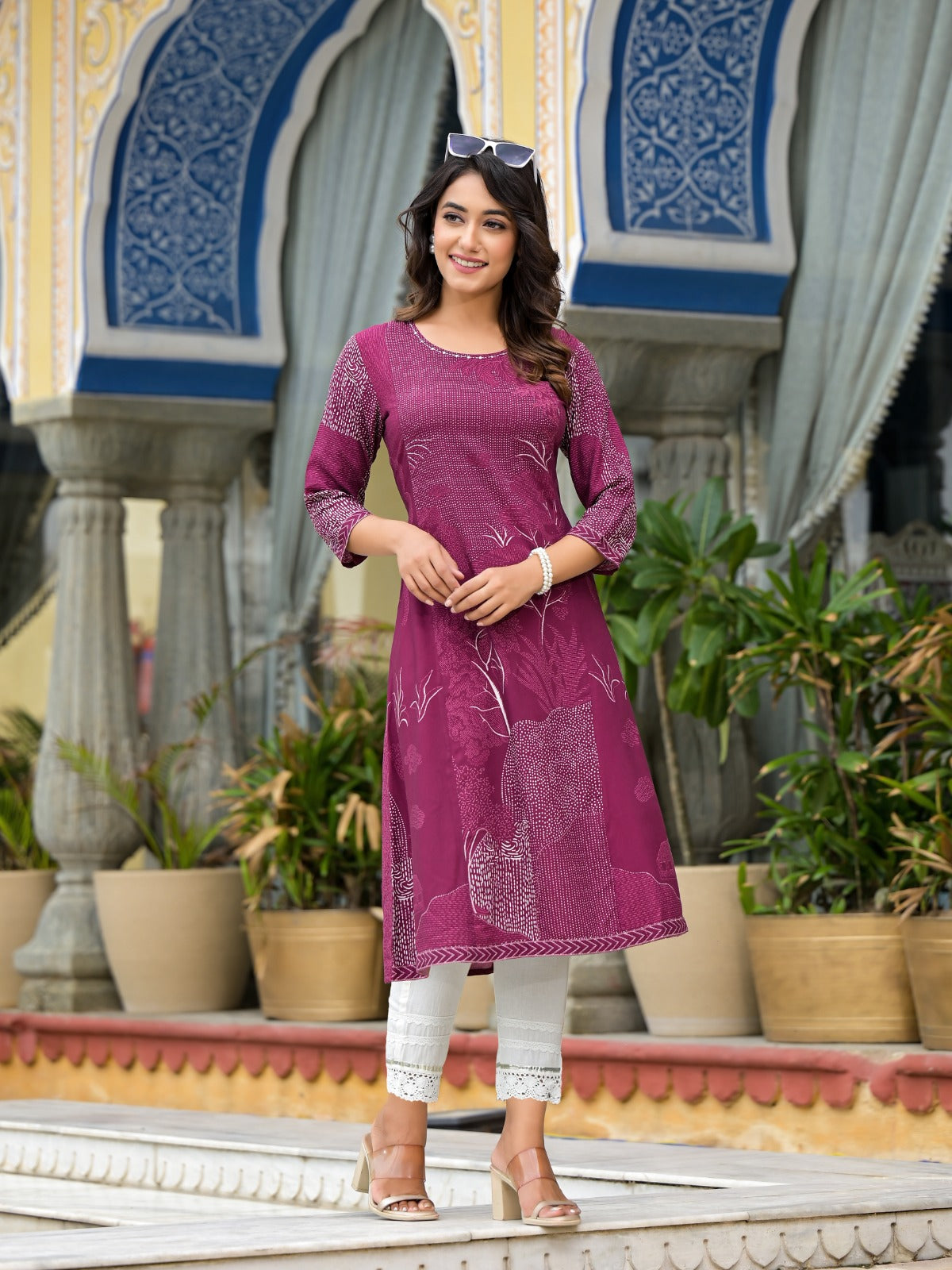 Wine Beautiful  Printed Liva Rayon A-lined Kurta For Women