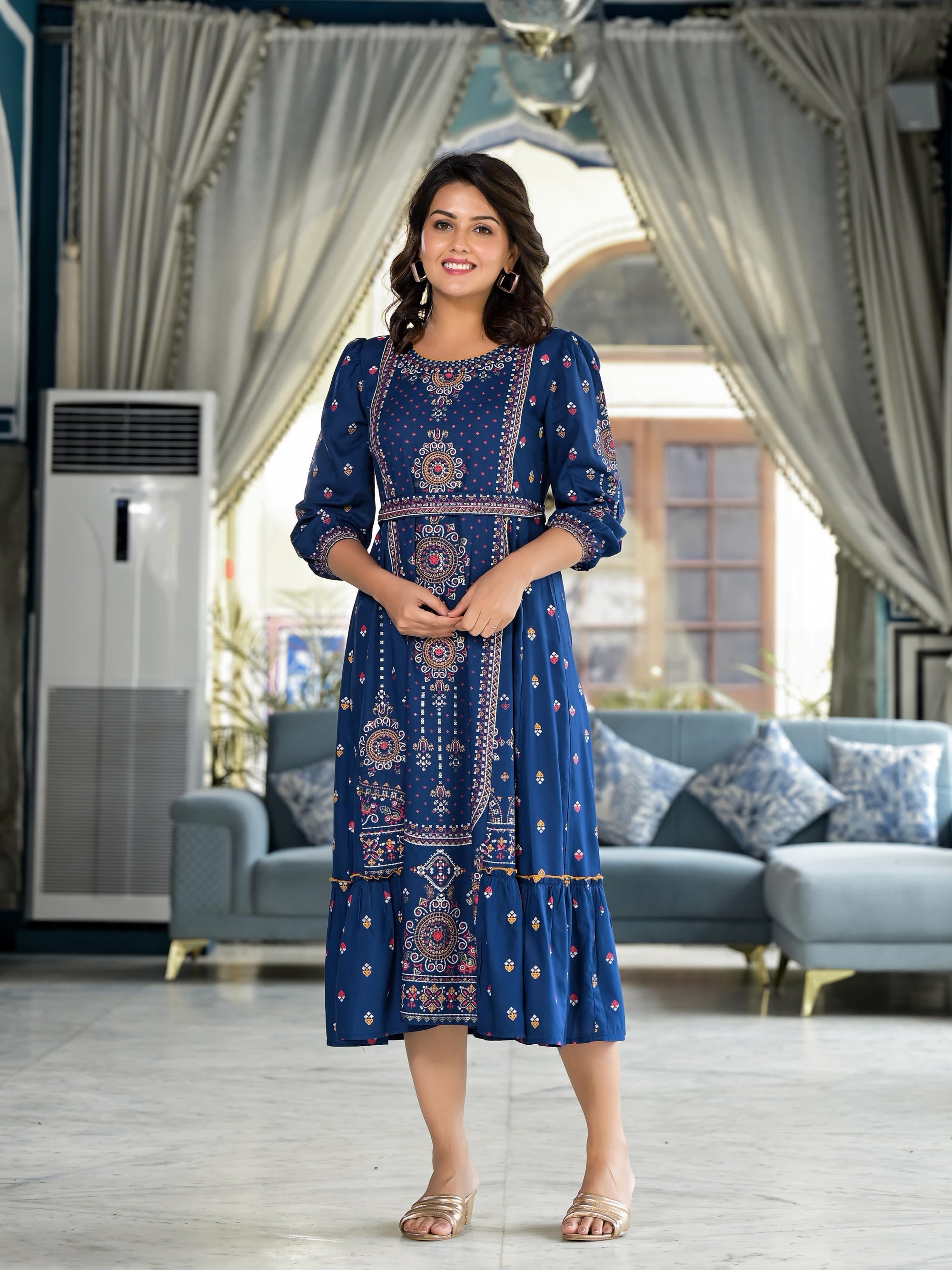 Blue Ethnic Motif Printed Liva Rayon A-lined Tiered Dress With Belt