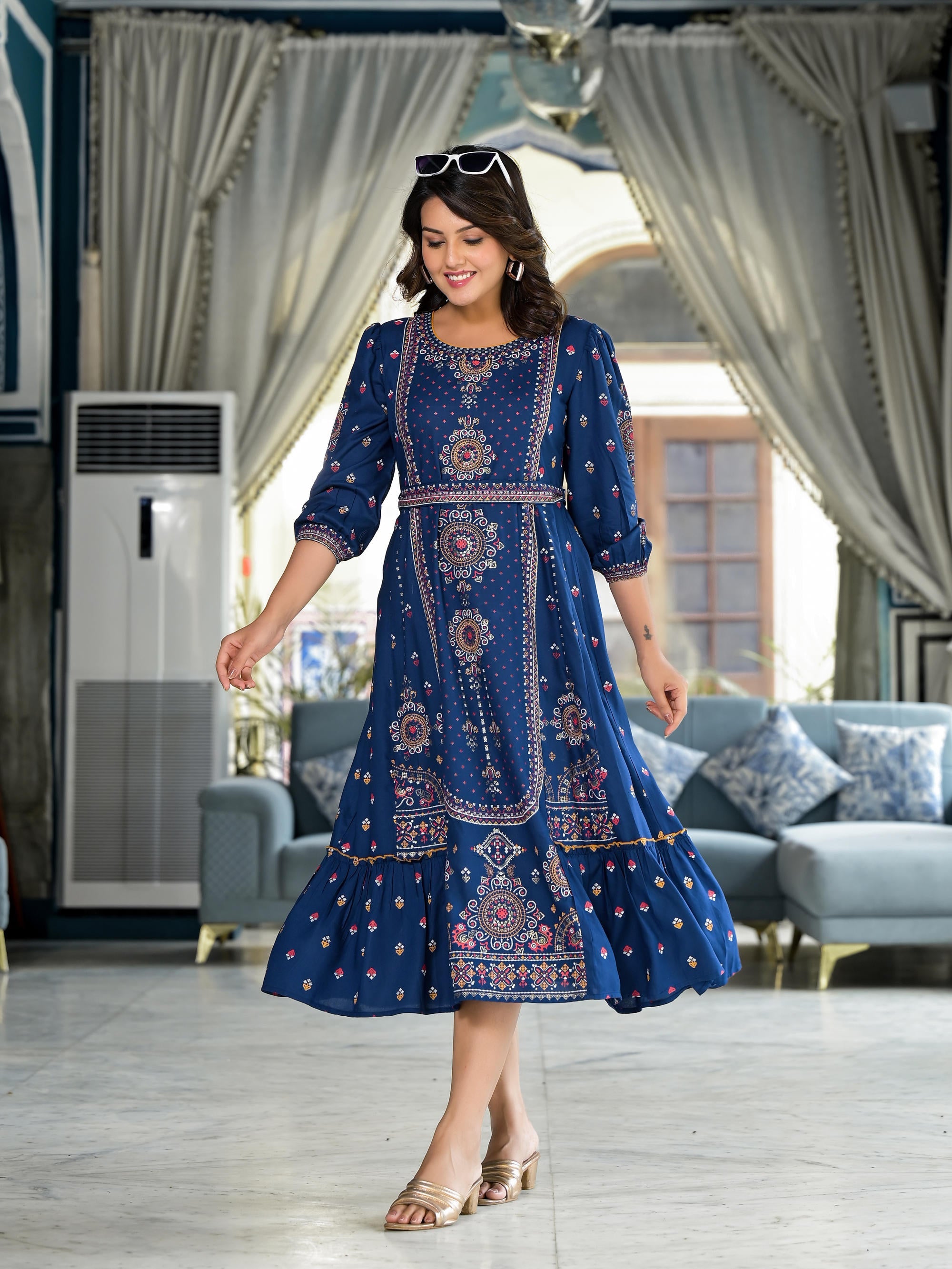 Blue Ethnic Motif Printed Liva Rayon A-lined Tiered Dress With Belt