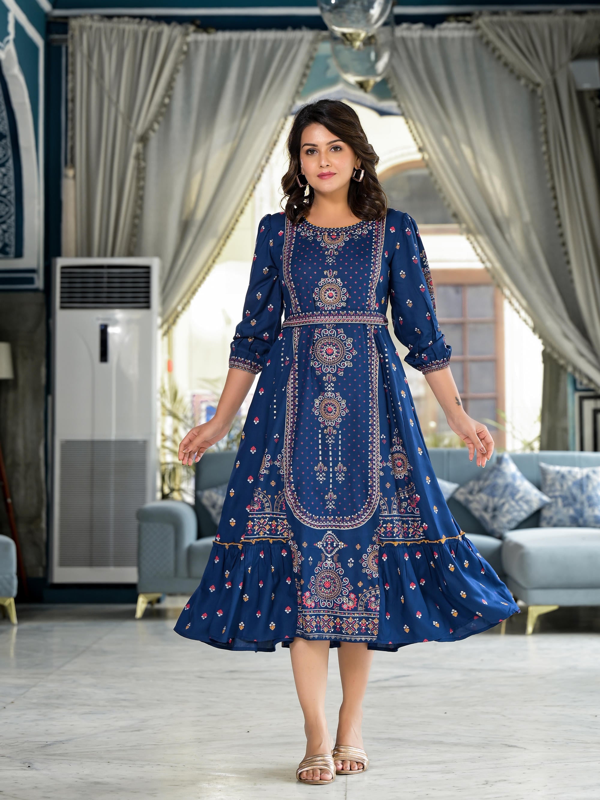 Blue Ethnic Motif Printed Liva Rayon A-lined Tiered Dress With Belt
