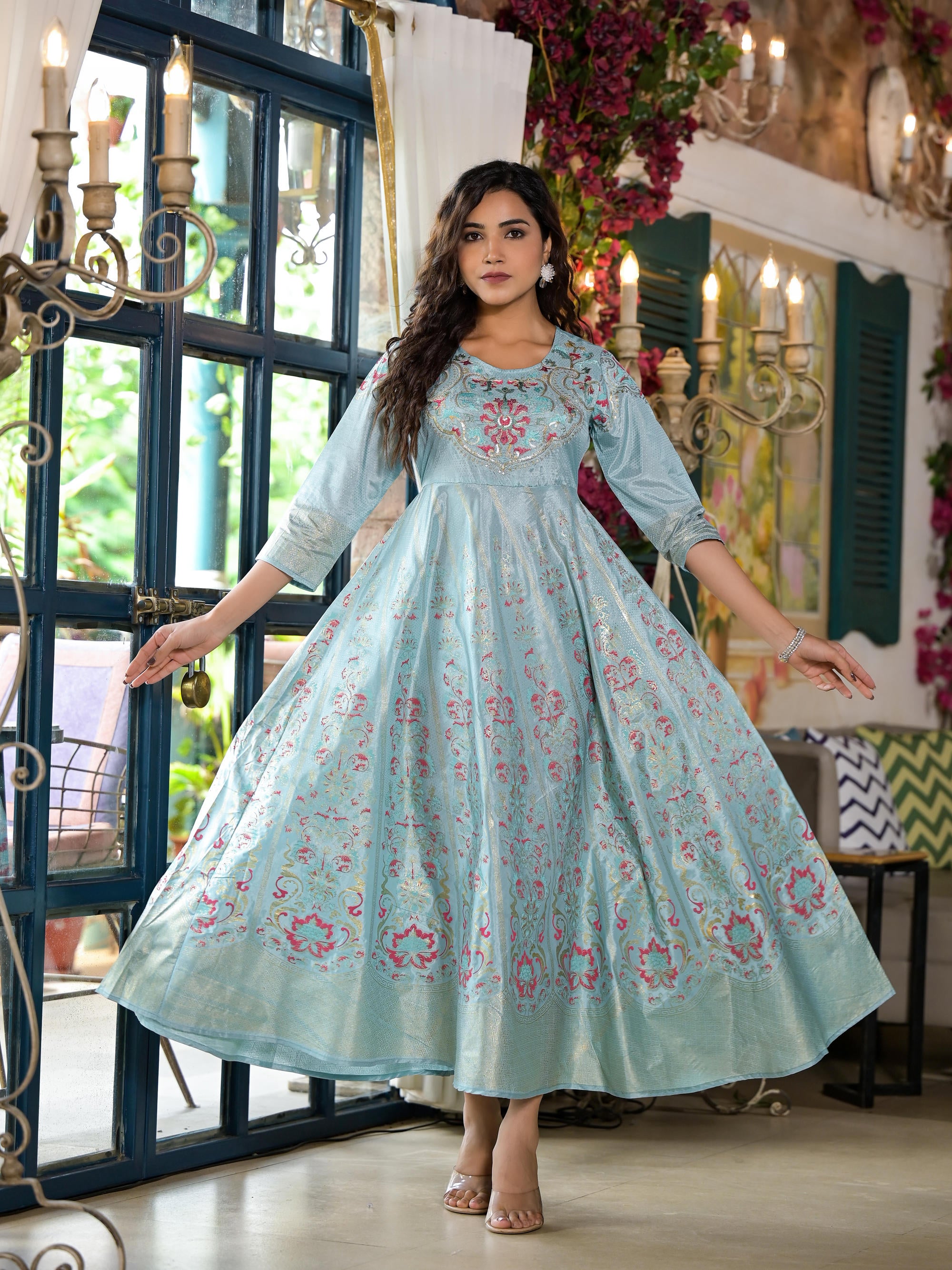 Sea Green Ethnic Motif Printed Santoon Dress With Sequins & Thread Work